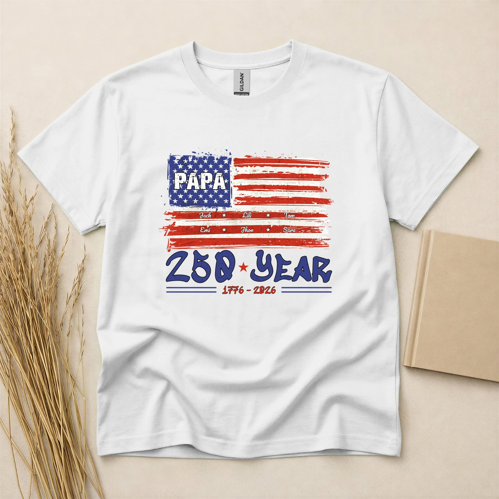 250 Year Anniversary 1776–2026 Personalized USA Flag Family T-Shirt, Custom Names Patriotic Independence Day Tee