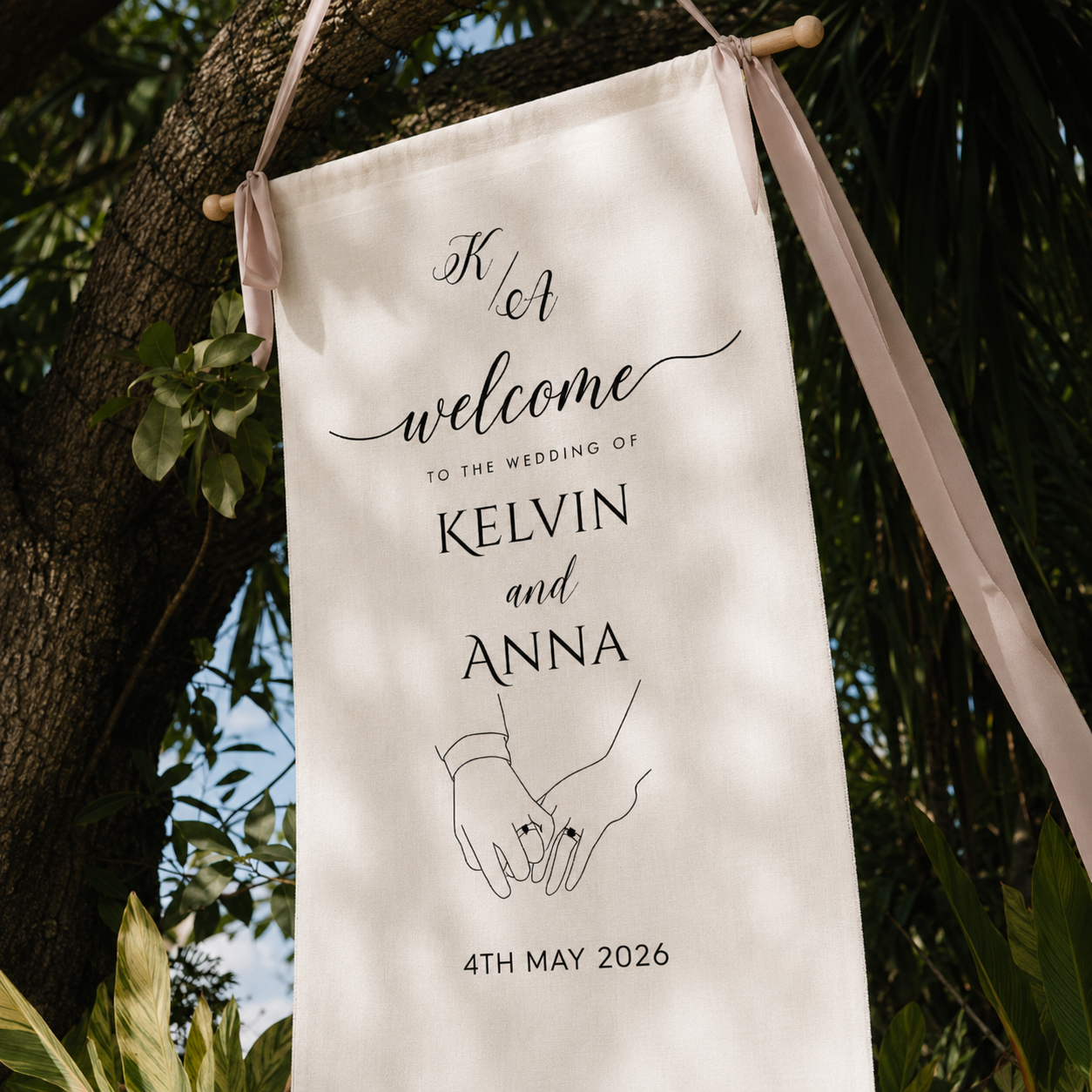 Wedding Welcome Tapestry, Personalized Couple Names Banner, Hand Holding Wedding Sign, Ceremony Entrance Backdrop Decor
