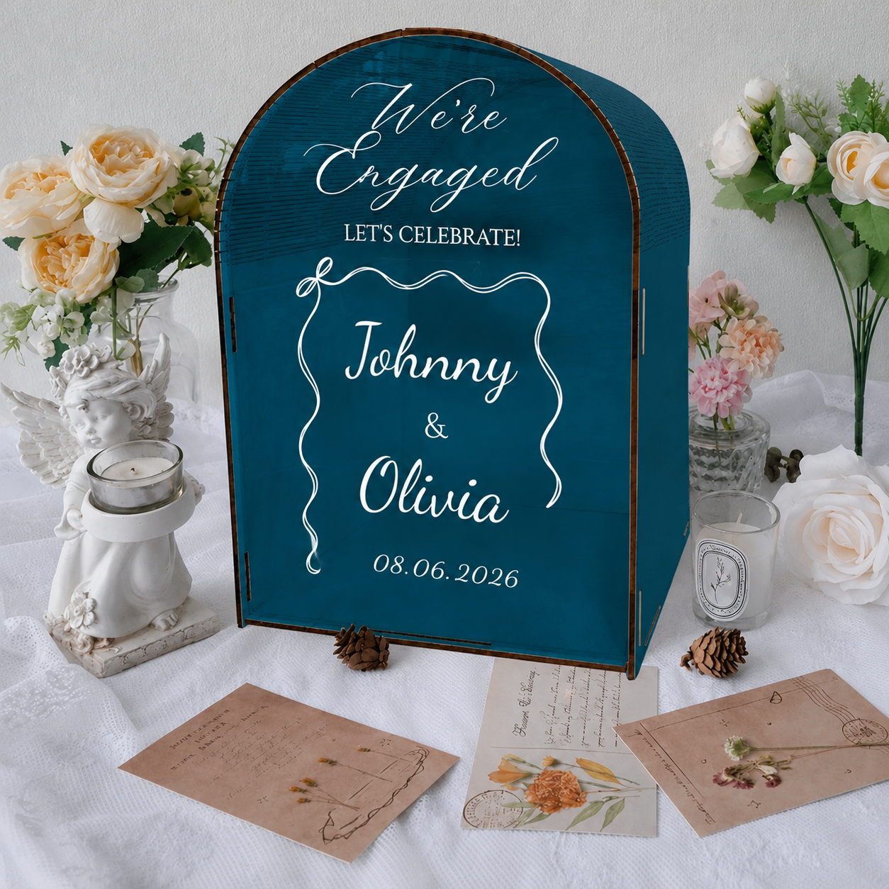 Personalized Engagement Celebration Box – Custom “We’re Engaged” Design with Couple Names, Date and Wavy Frame Accent