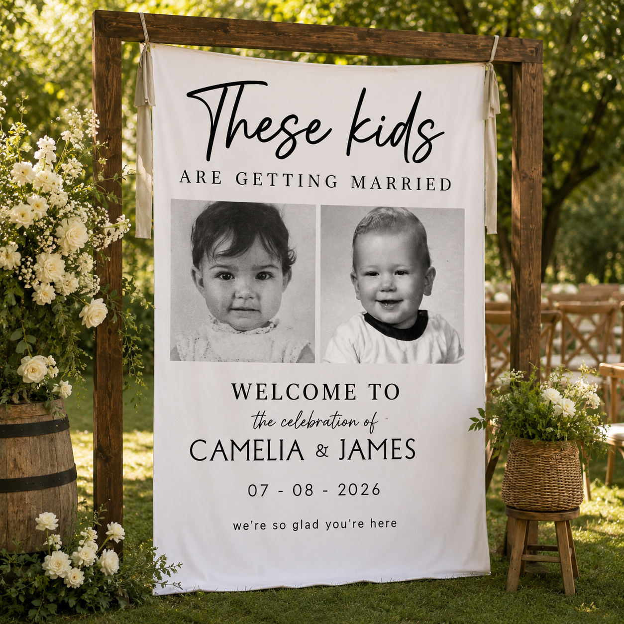 From Little Moments to Forever - Personalized Wedding Welcome Tapestry, Custom Childhood Photo Wedding Banner, Couple Photo Welcome Sign, Wedding Entrance Decor, Wedding Ceremony Backdrop