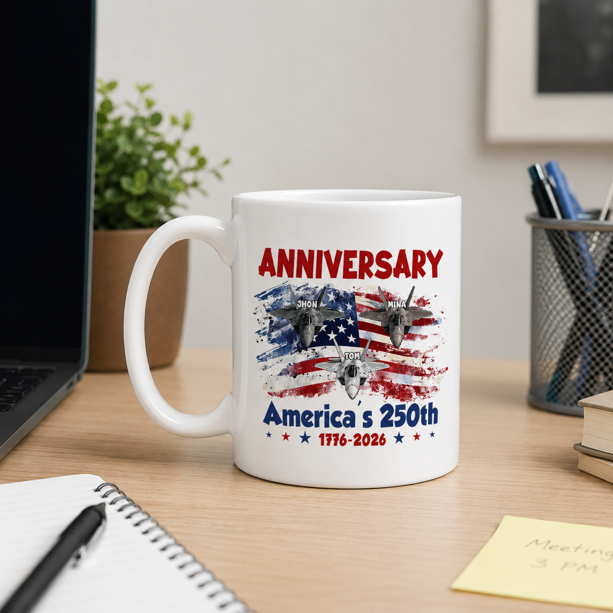 Personalized America's 250th Anniversary Fighter Jet Mug Custom Names Patriotic Independence Day Gift 1776–2026