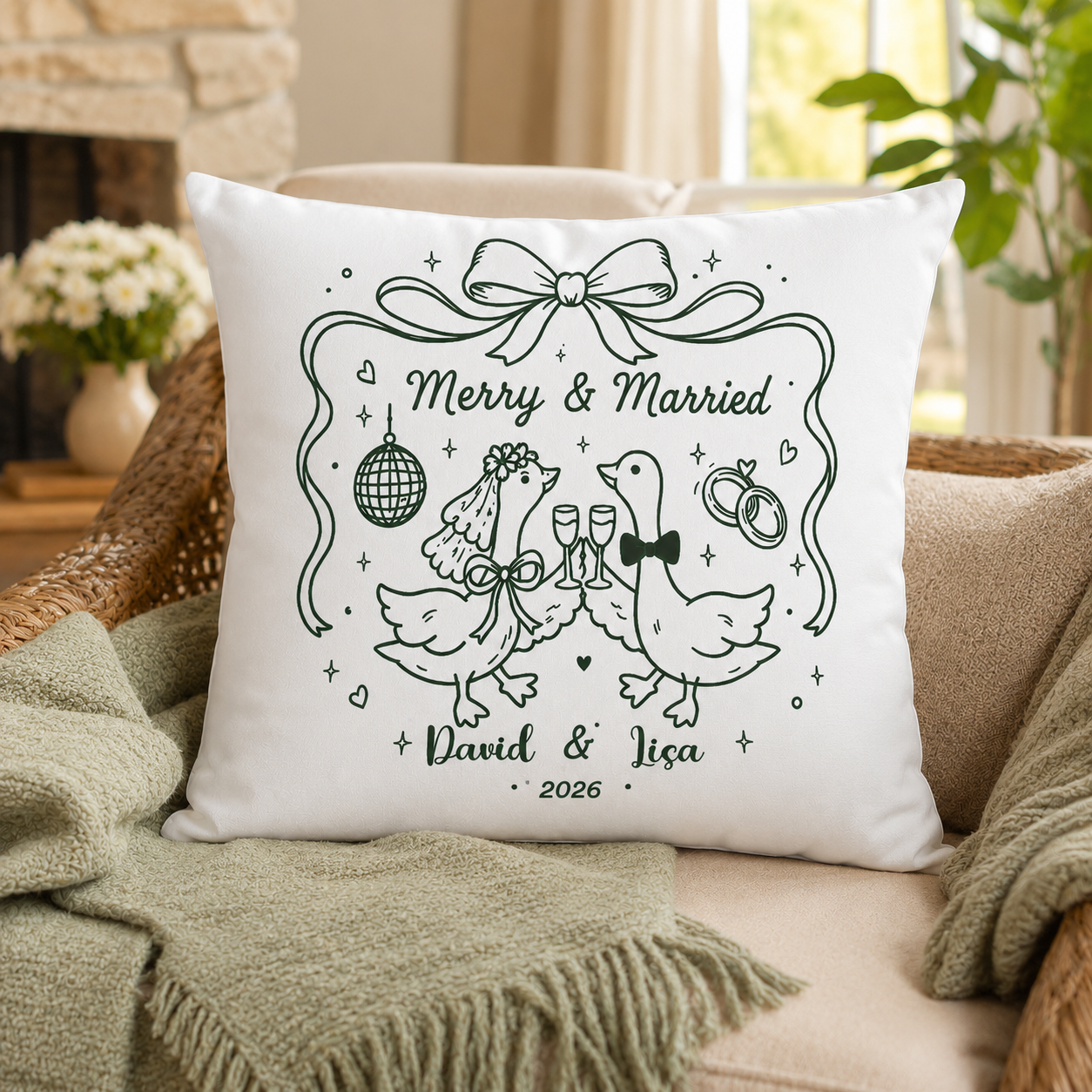 Personalized Goose Wedding Pillow – Romantic Couple Cushion for Home Decor