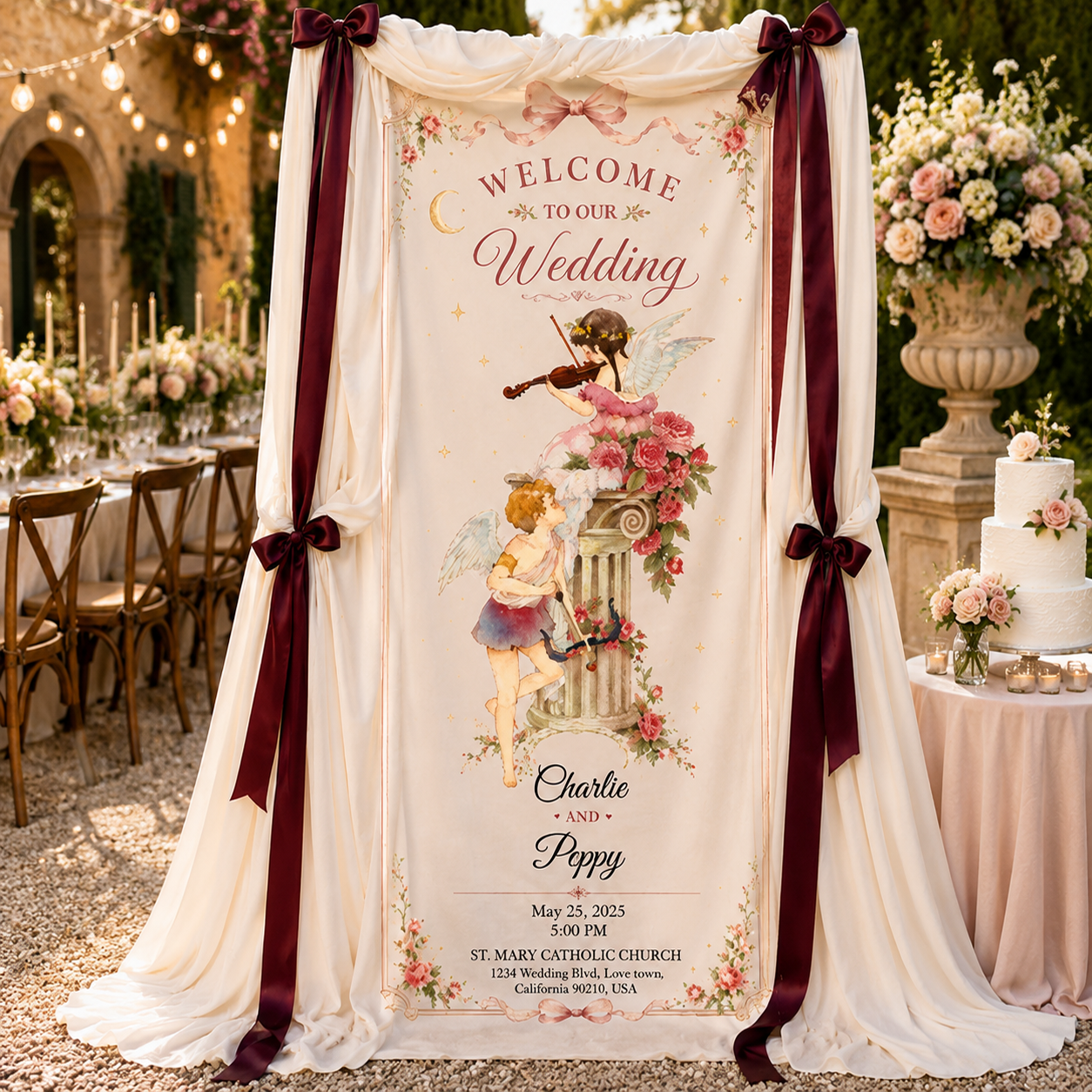 Personalized Wedding Cherub Watercolor Banner