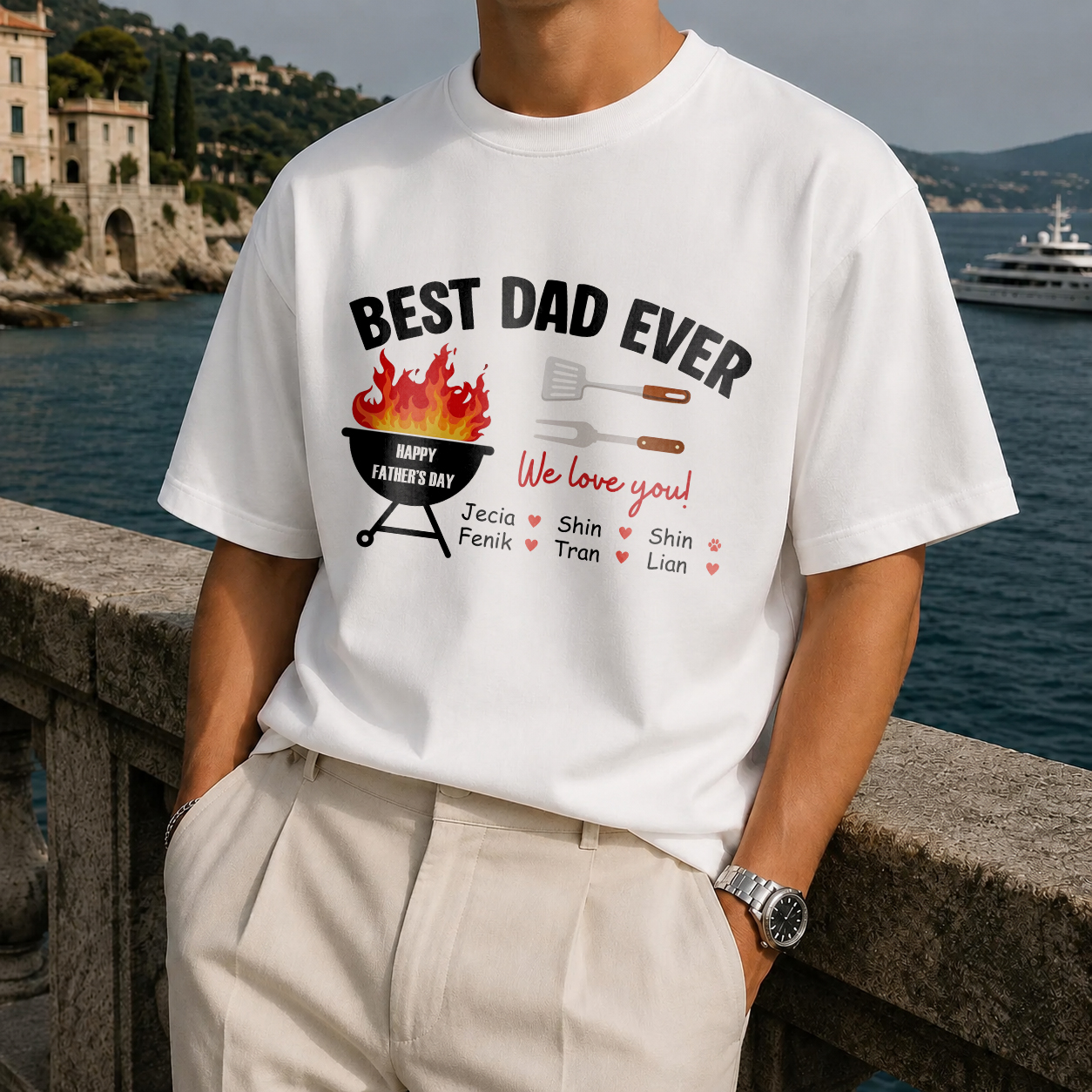 Best Dad Ever Personalized BBQ T-Shirt – Custom Kids' Names Father's Day Gift Shirt for Dad Tee