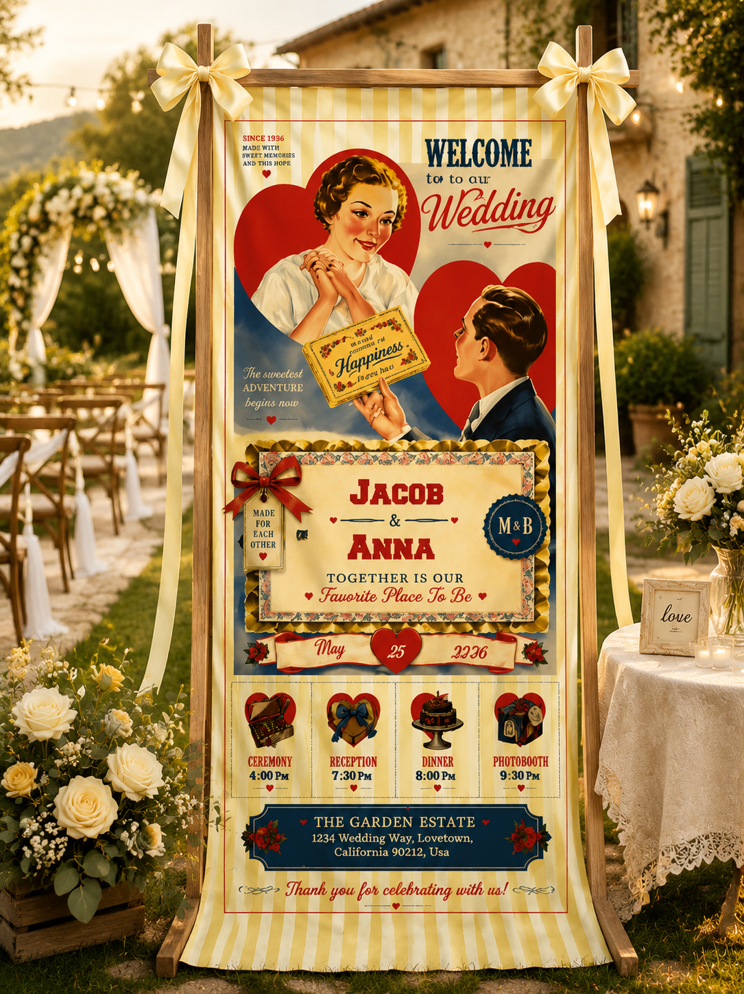 Personalized Wedding Vintage "Happiness" Banner