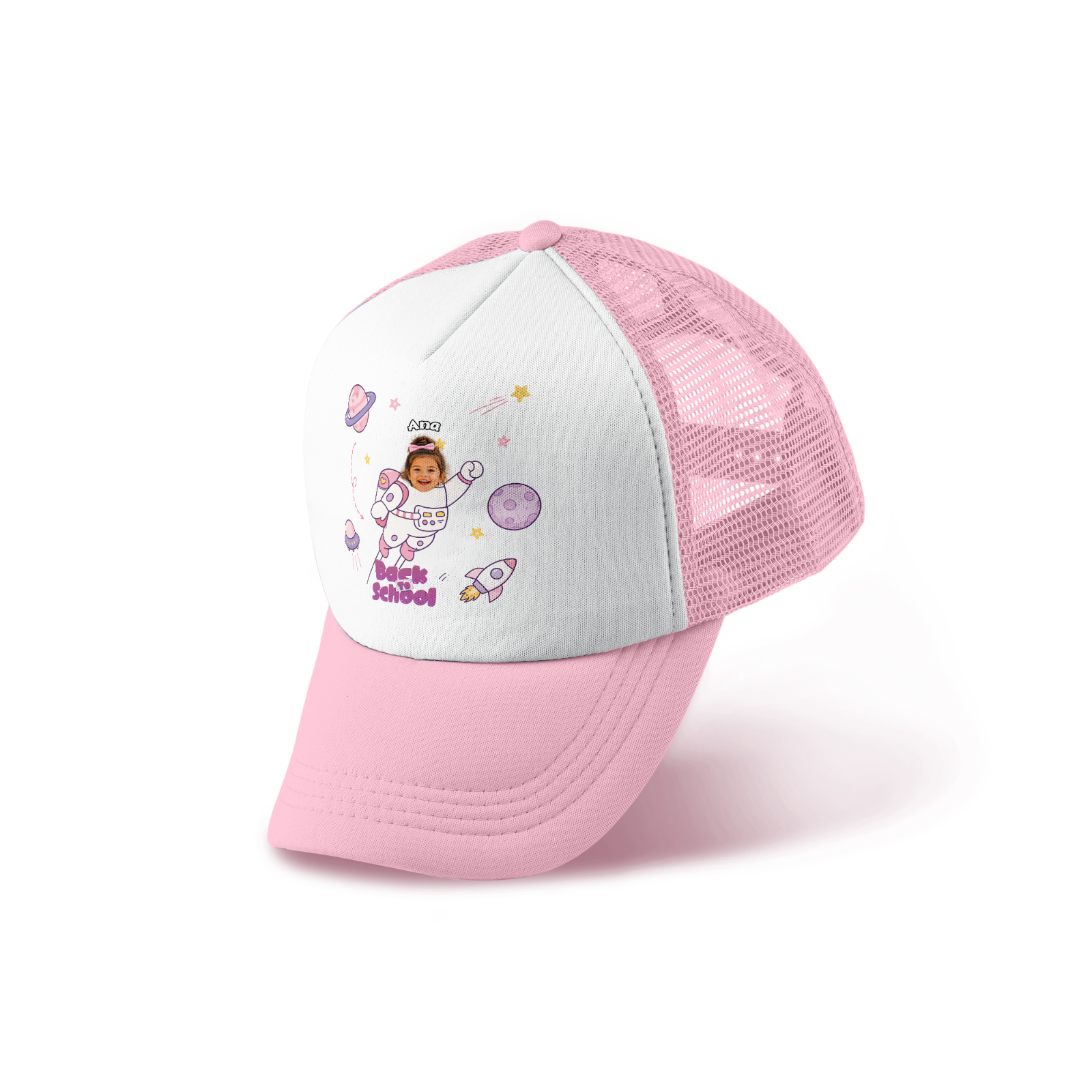 Personalized Kids Astronaut Trucker Hat with Photo & Name | Custom Back to School Mesh Cap