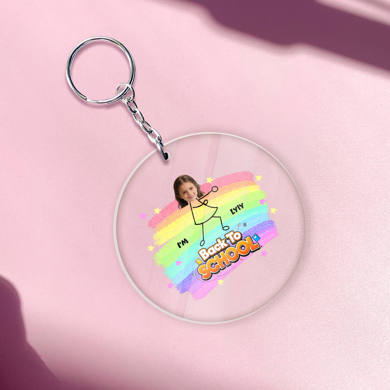 Personalized Back to School Photo Acrylic Keychain – Custom Kids Face & Name Rainbow School Keyring Gift