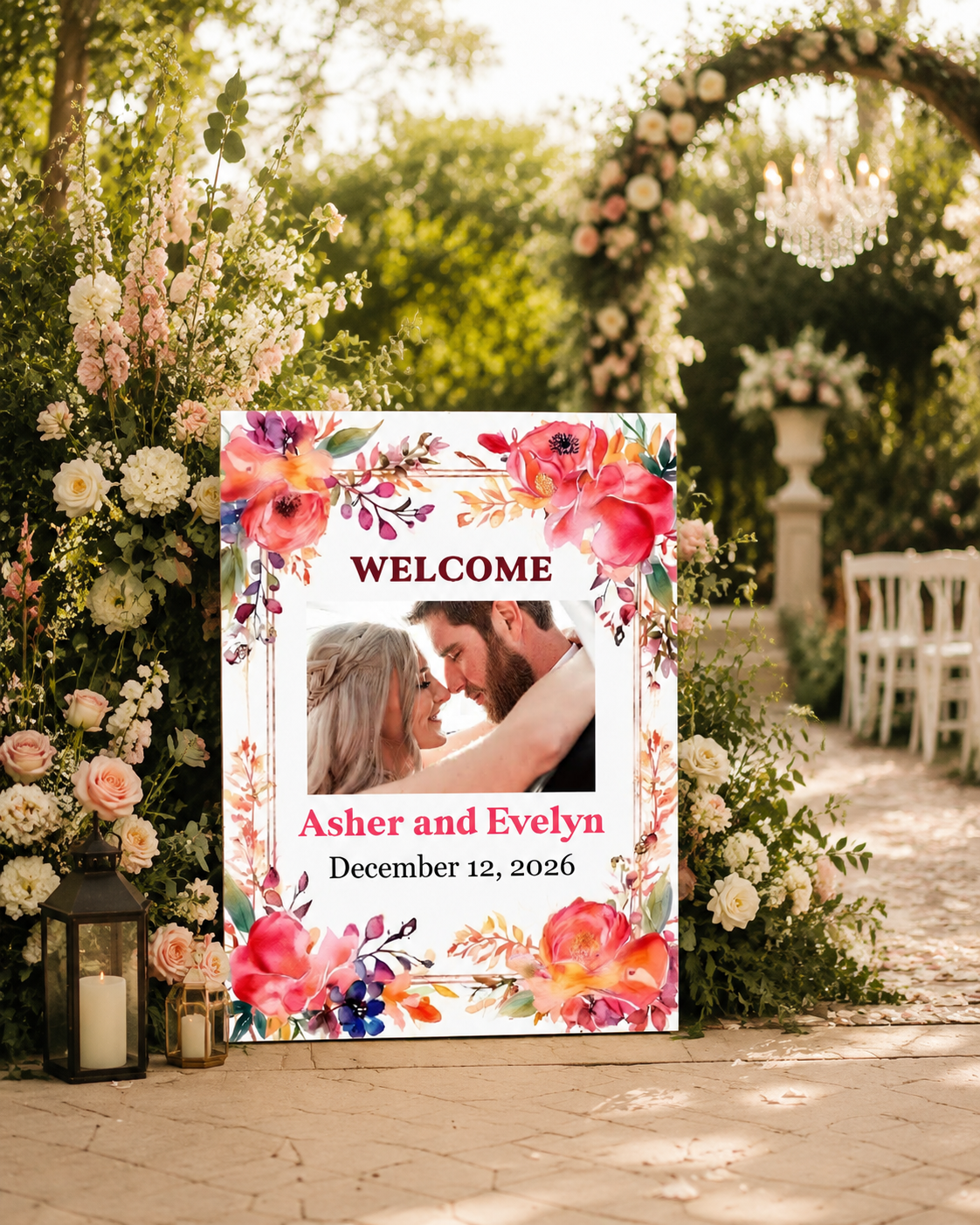 Personalized Photo Wedding Welcome Sign, Colorful Pink Orange Floral, Half Arch Foam Board Sign, Modern Vibrant Marriage Board