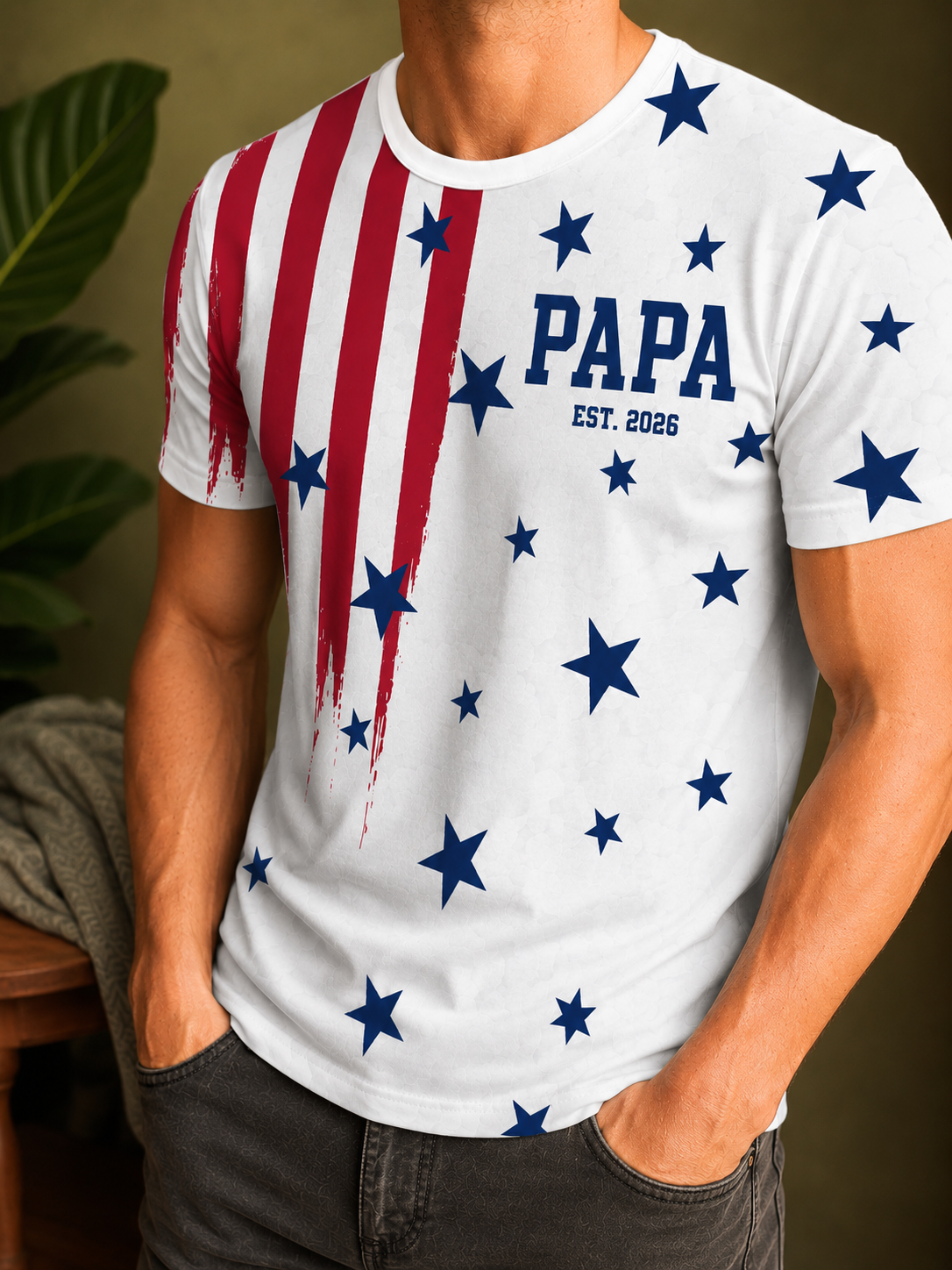 Papa Est 2026 Fathers Day Patriotic Star Stripe T-Shirt