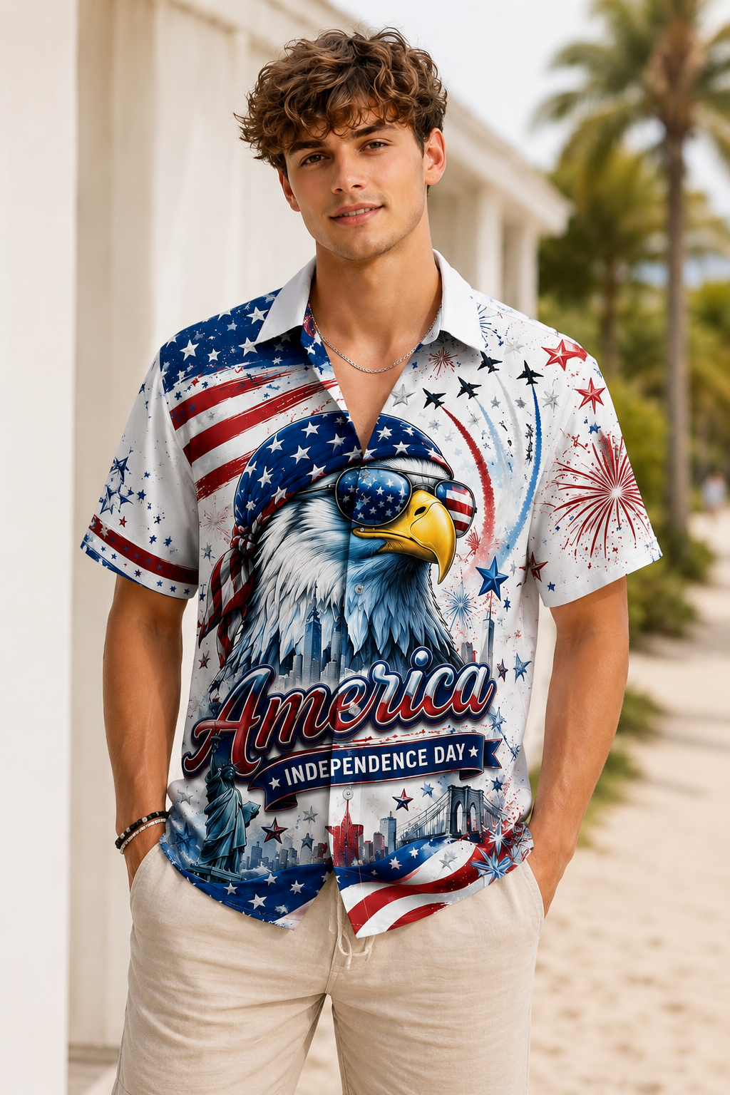 America Flag Hawaiian Shirt Patriotic Eagle Fourth of July Apparel