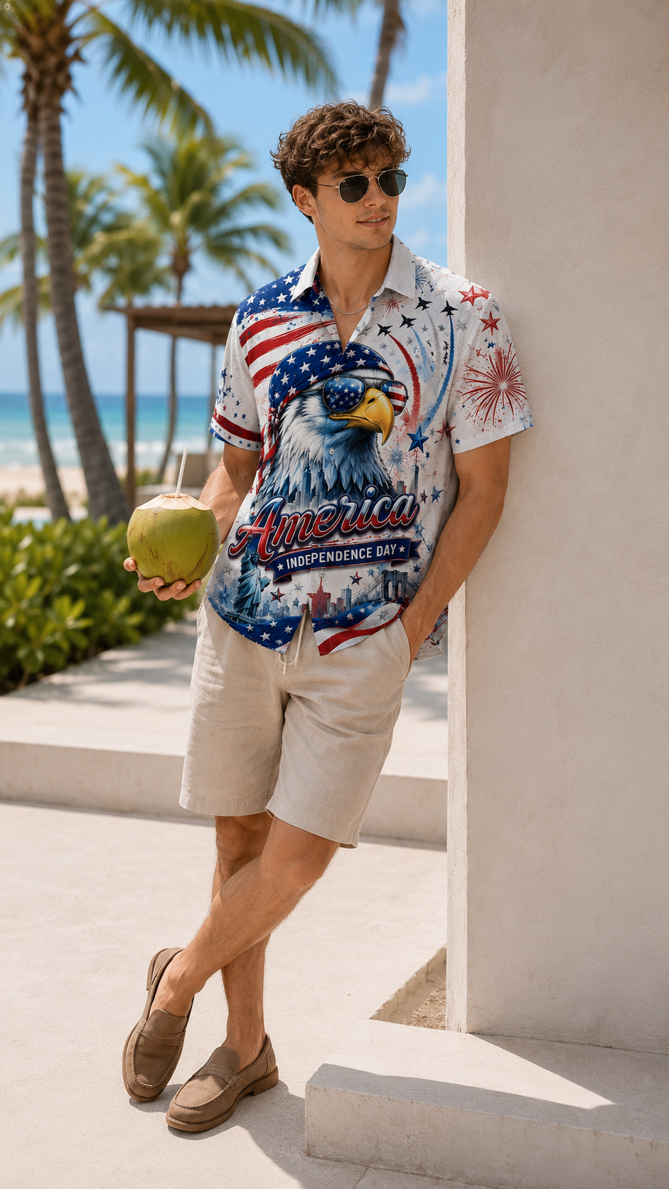 America Flag Hawaiian Shirt Patriotic Eagle Fourth of July Apparel
