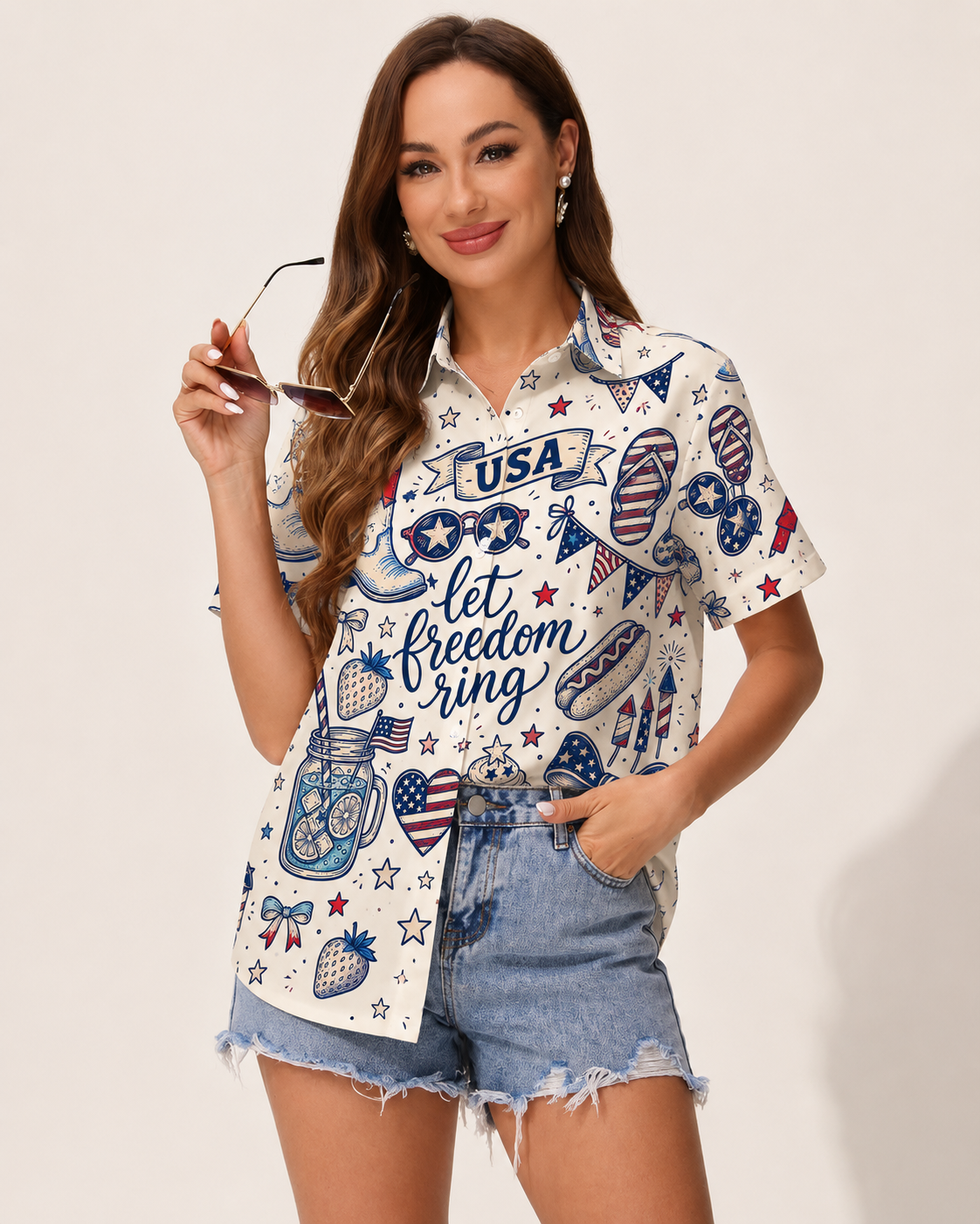 Womens Fourth Of July Hawaiian Shirt With Americana Vibes