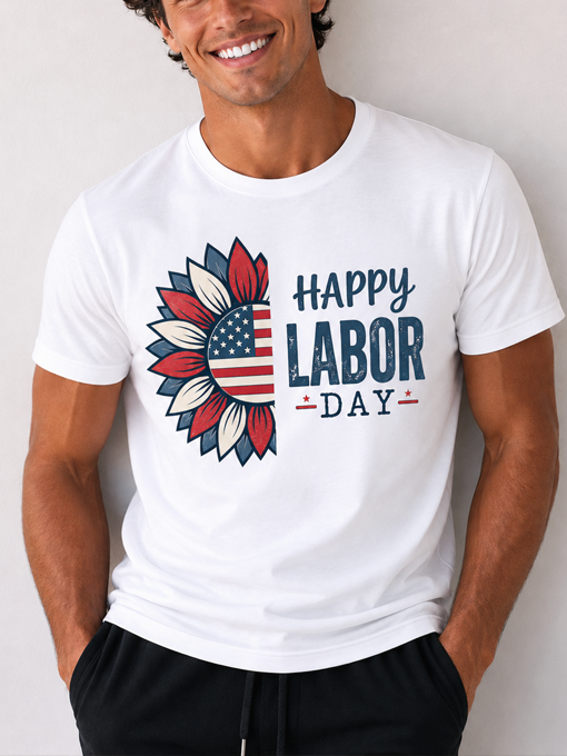 Happy Labor Day Sunflower Patriotic T-Shirt – American Flag Floral Graphic Tee