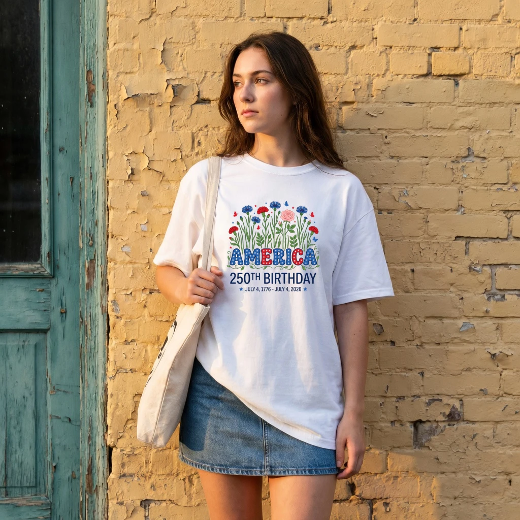 Patriotic Floral America 250 Birthday T-Shirt