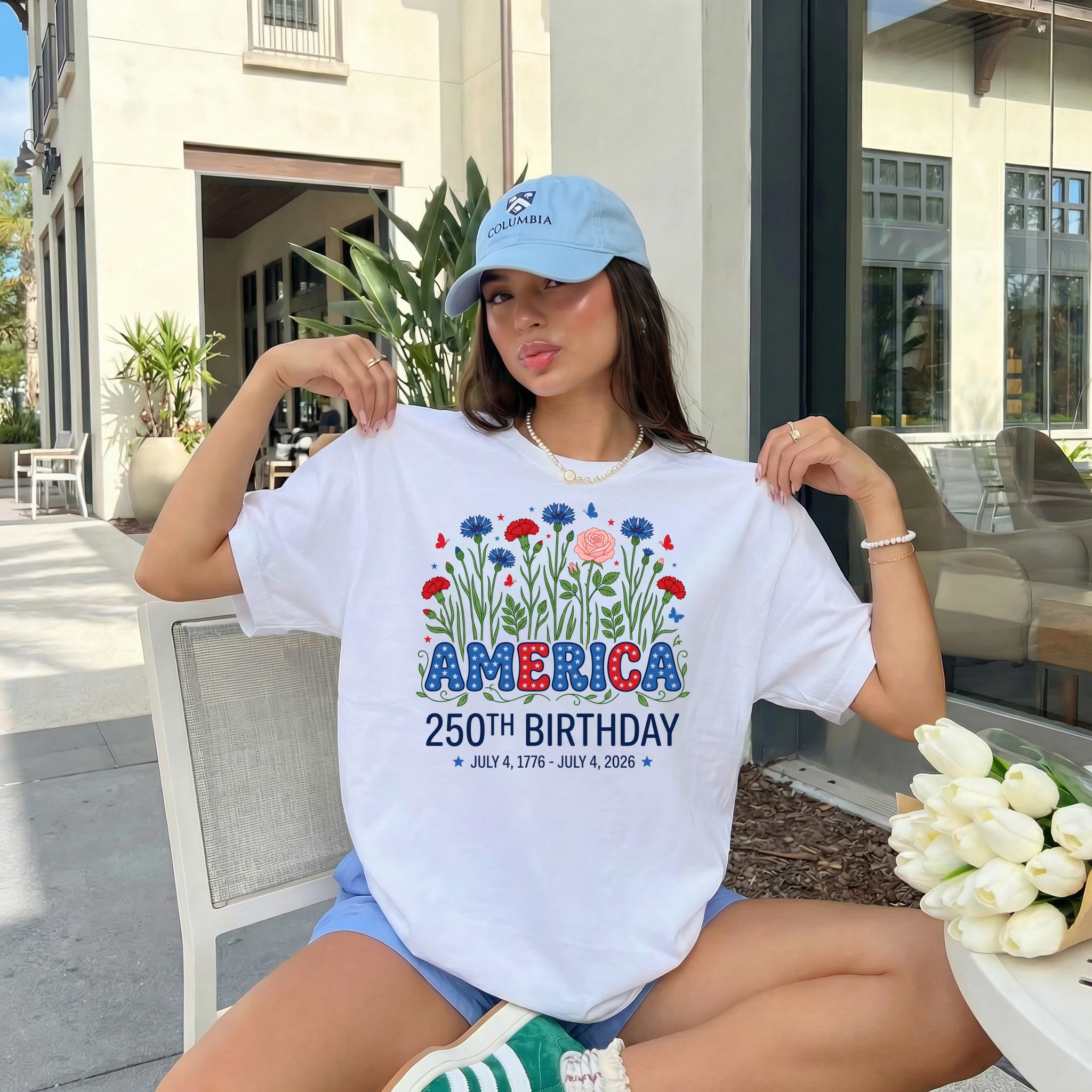 Patriotic Floral America 250 Birthday T-Shirt