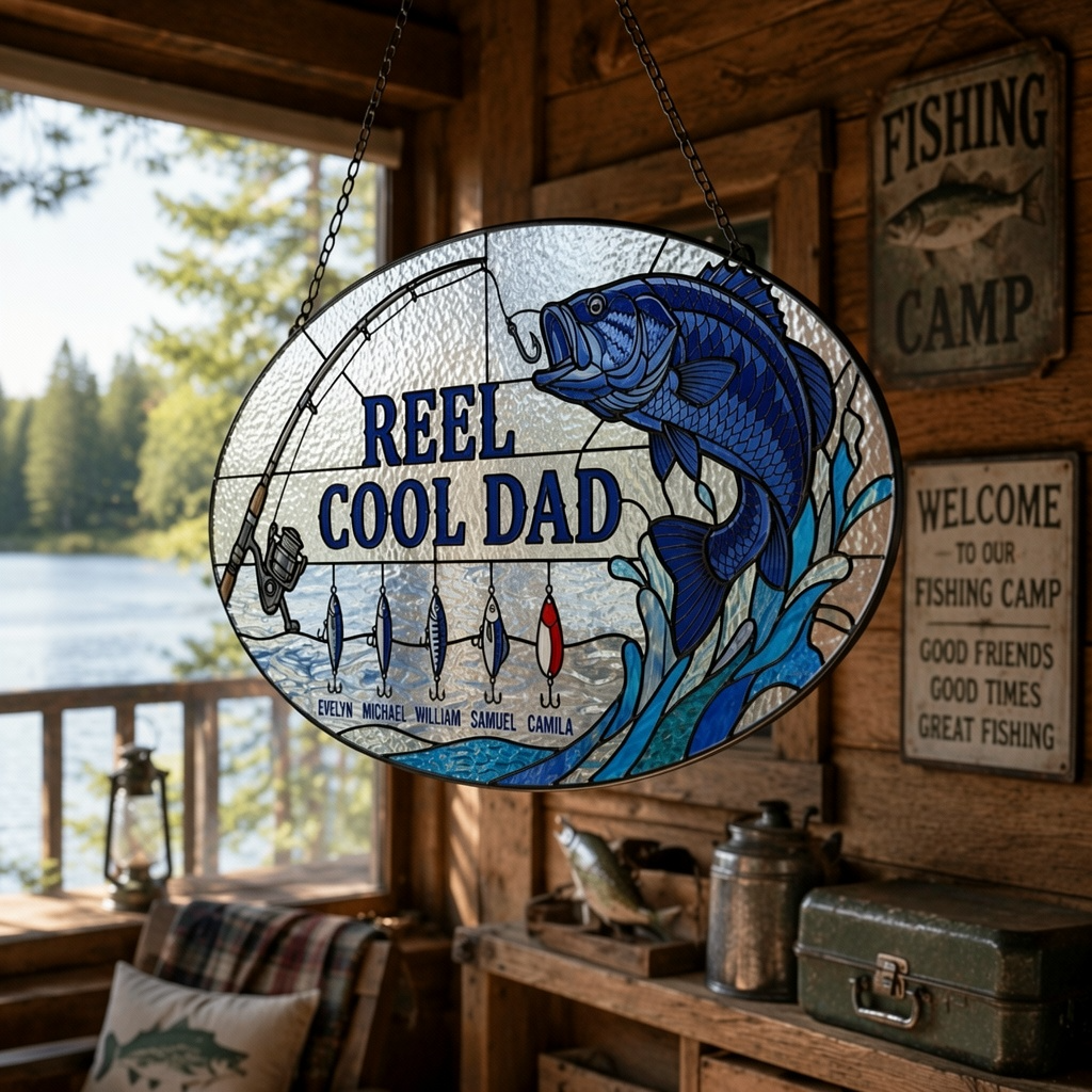 Custom Reel Cool Dad Bass Fishing Suncatcher