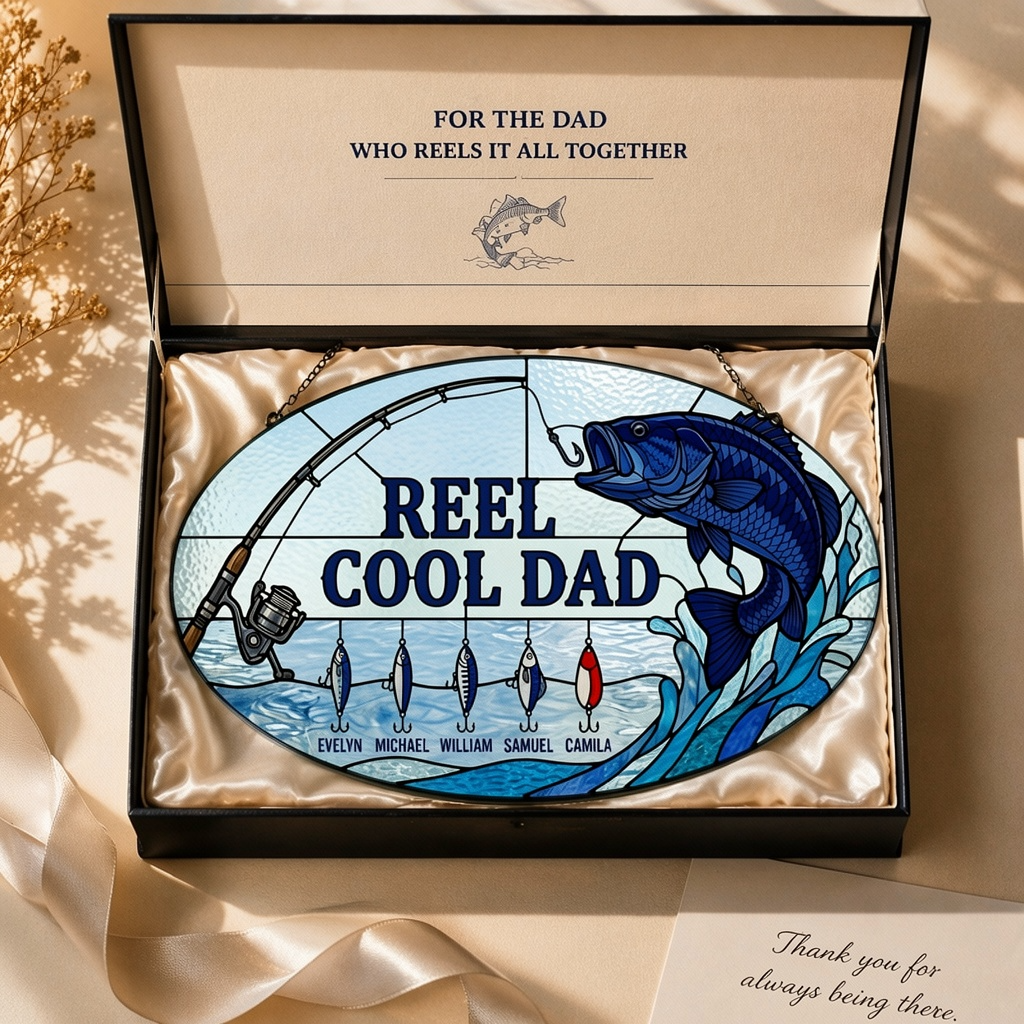 Custom Reel Cool Dad Bass Fishing Suncatcher