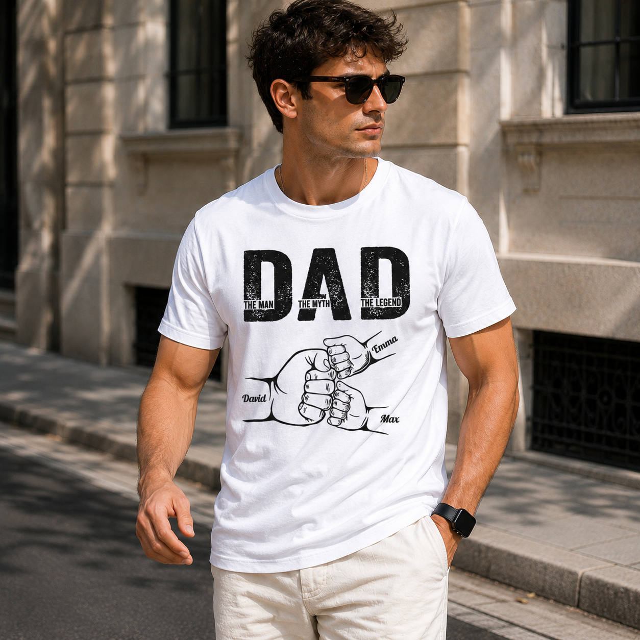 Personalized Dad Fist Bump T-Shirt With Kids Names Custom Father's Day Gift