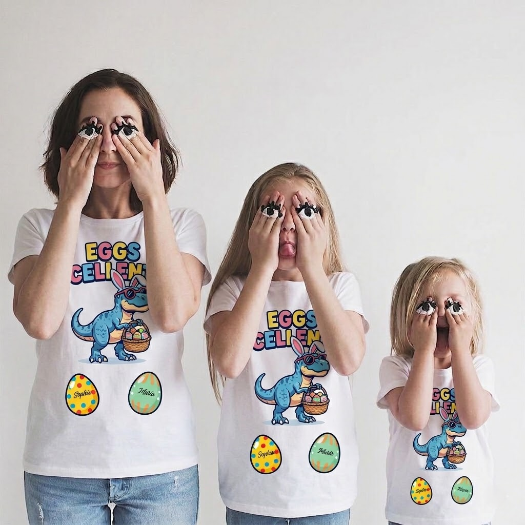 Personalized Eggs-cellent Dinosaur Easter T-Shirt – Custom Kids Names Easter Eggs Tee