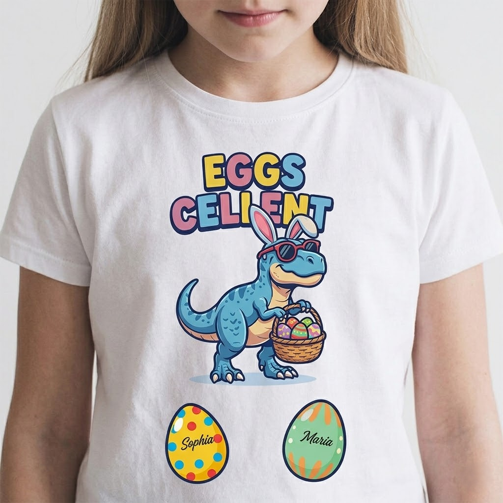 Personalized Eggs-cellent Dinosaur Easter T-Shirt – Custom Kids Names Easter Eggs Tee