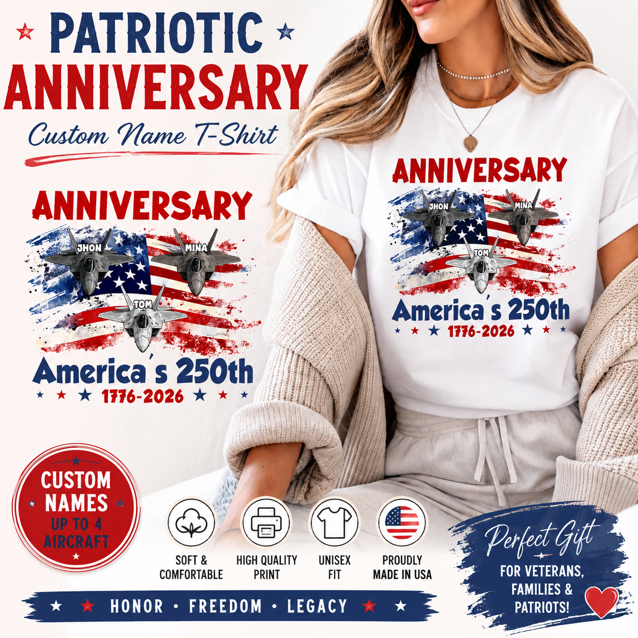 Personalized America’s 250th Anniversary Shirt 2026 – Custom Names Fighter Jet Patriotic T-Shirt, USA 250 Years Celebration Tee, Independence Day Gift