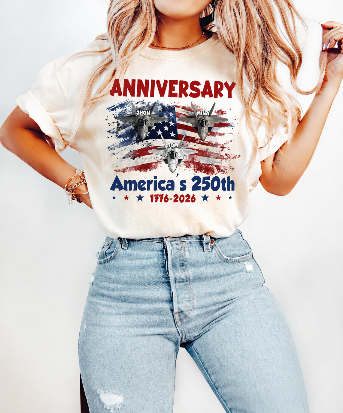 Personalized America’s 250th Anniversary Shirt 2026 – Custom Names Fighter Jet Patriotic T-Shirt, USA 250 Years Celebration Tee, Independence Day Gift