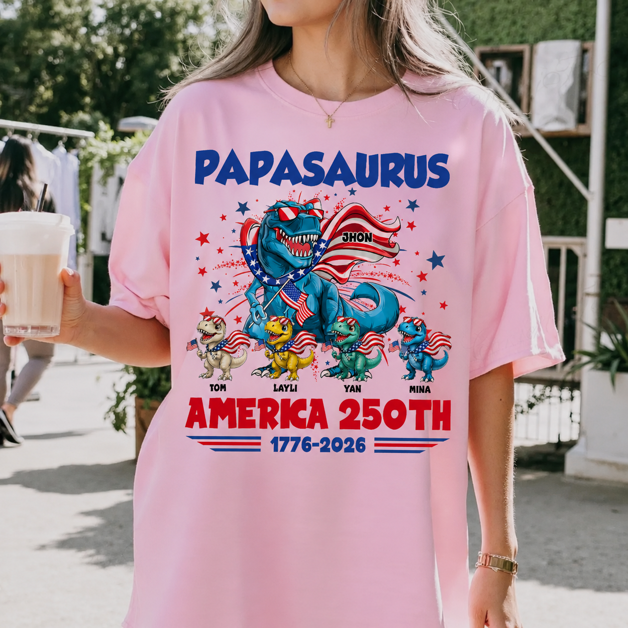 Personalized Dinosaur Family America 250th Anniversary Shirt – Patriotic T-Rex Family Custom Names, USA Independence Day 1776-2026, Fourth of July Matching Family Tee