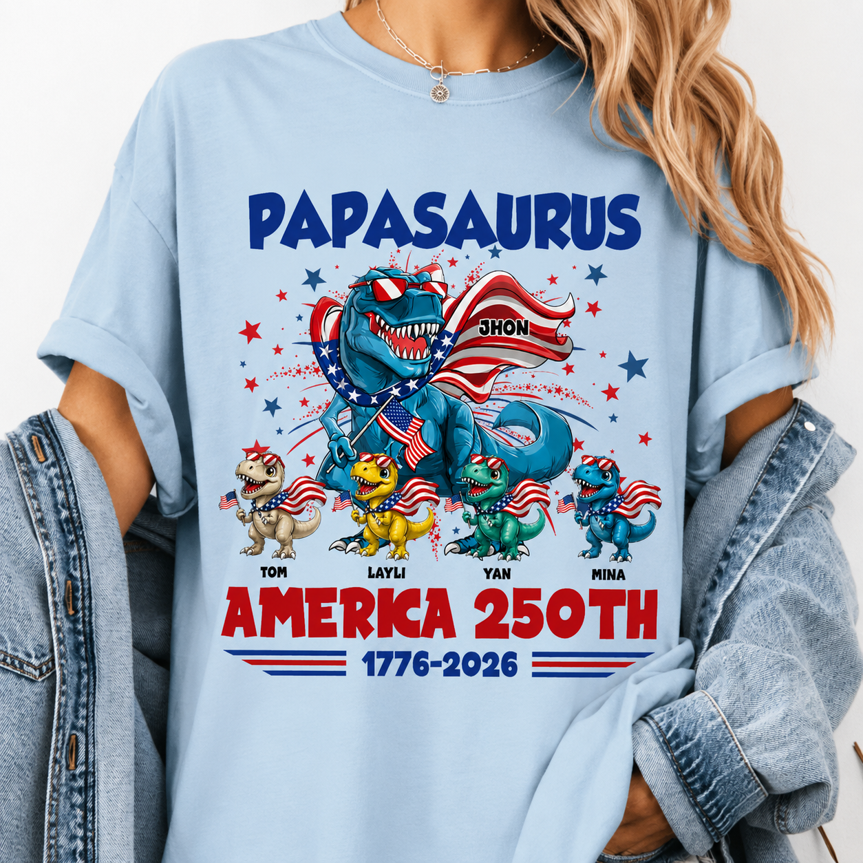 Personalized Dinosaur Family America 250th Anniversary Shirt – Patriotic T-Rex Family Custom Names, USA Independence Day 1776-2026, Fourth of July Matching Family Tee