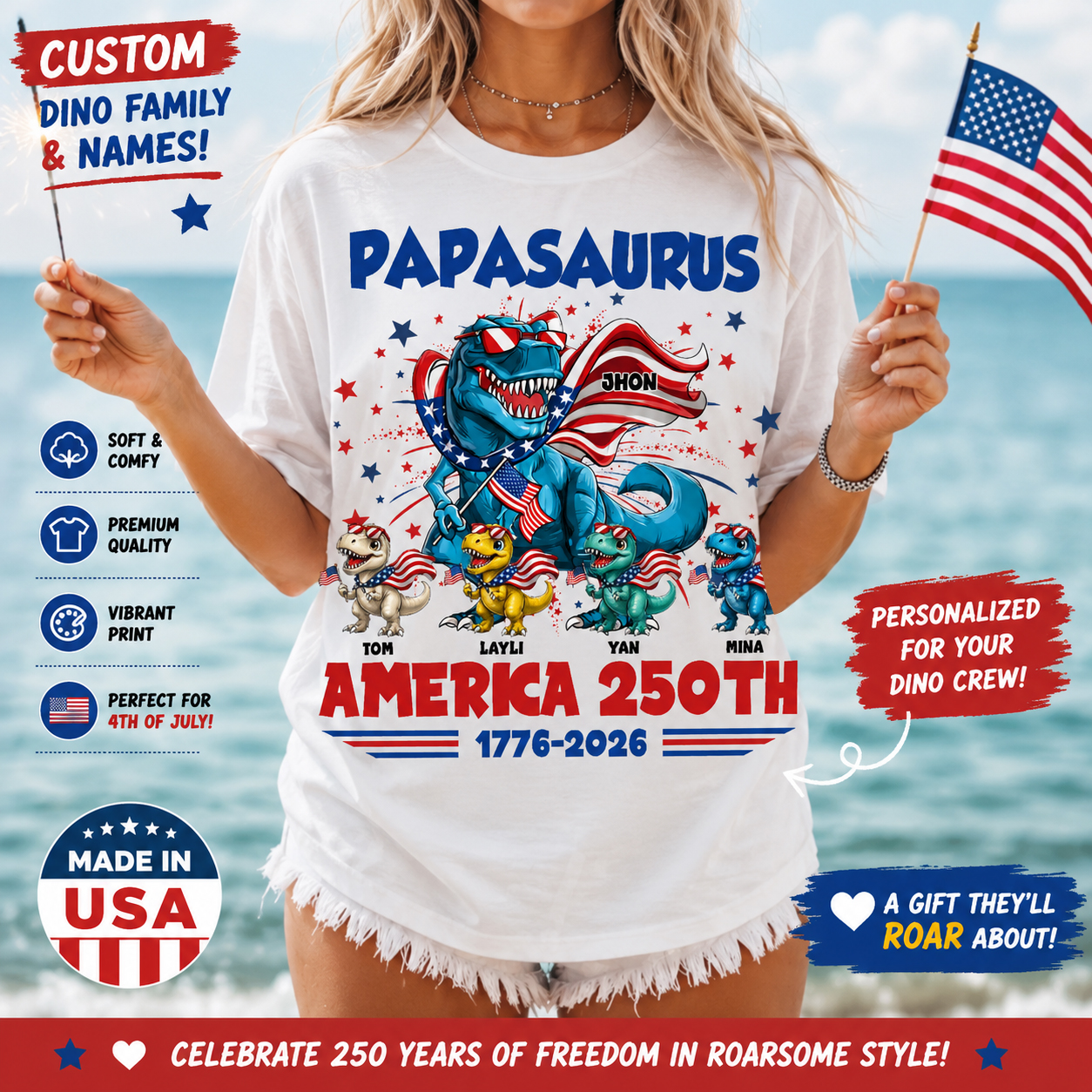 Personalized Dinosaur Family America 250th Anniversary Shirt – Patriotic T-Rex Family Custom Names, USA Independence Day 1776-2026, Fourth of July Matching Family Tee