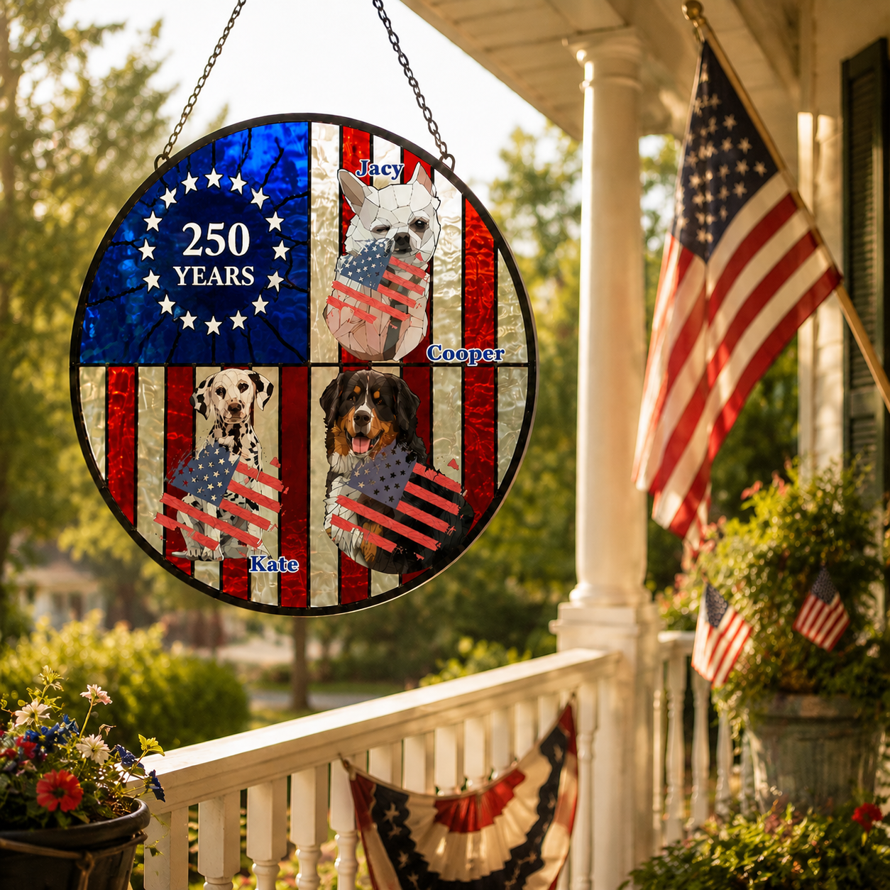 Custom 250 Years USA Patriotic Dog Face Suncatcher