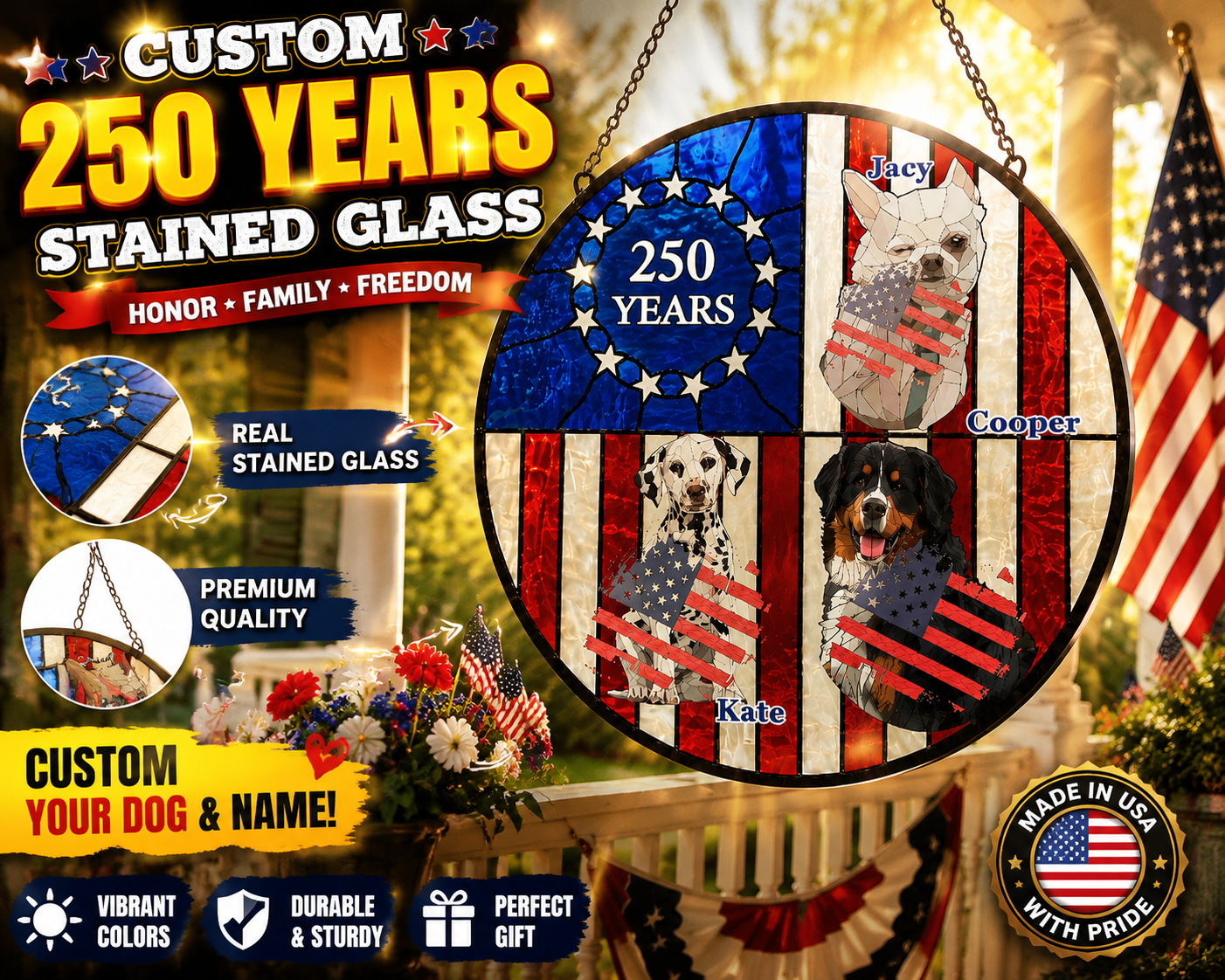 Custom 250 Years USA Patriotic Dog Face Suncatcher