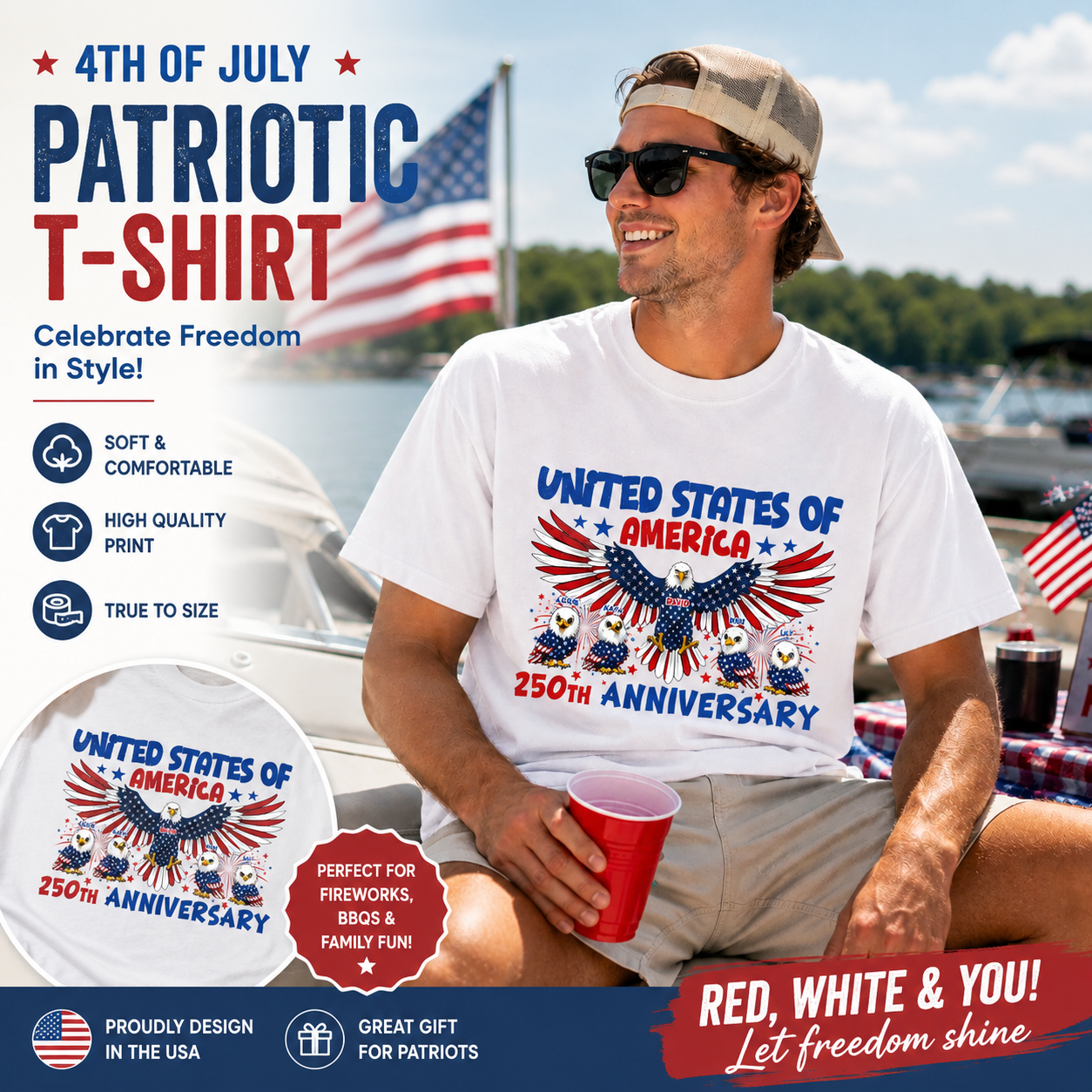 Personalized USA 250th Anniversary Eagle Family Shirt – Custom Names Patriotic Bald Eagle Design – America 250 Celebration Independence Day T-Shirt
