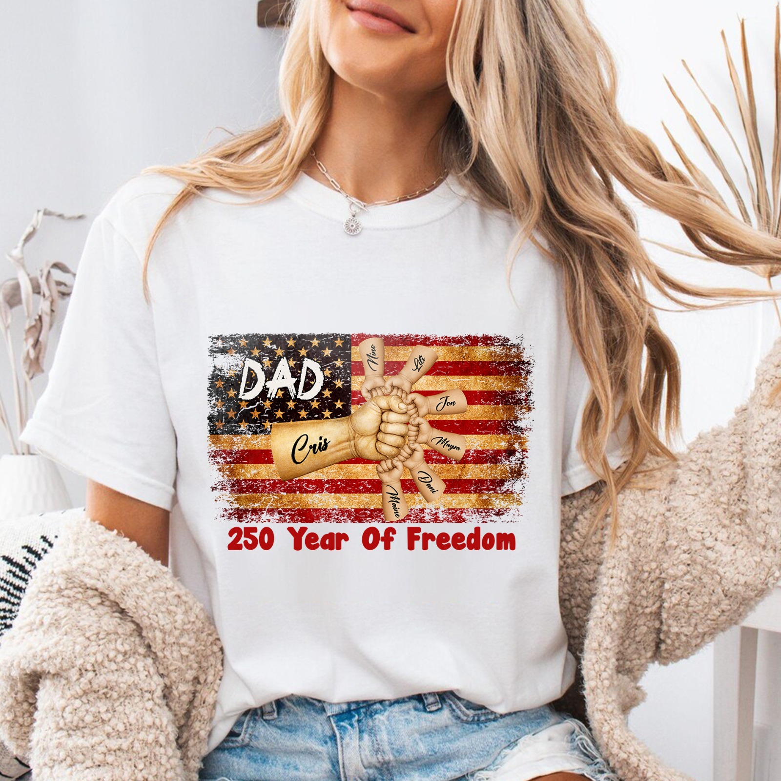 Custom Dad & Kids Fist Bump 250 Years of Freedom T-Shirt – Personalized Family Names Patriotic USA Independence Day Gift