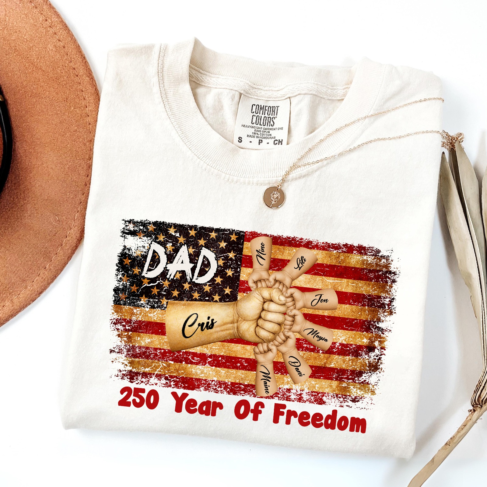 Custom Dad & Kids Fist Bump 250 Years of Freedom T-Shirt – Personalized Family Names Patriotic USA Independence Day Gift
