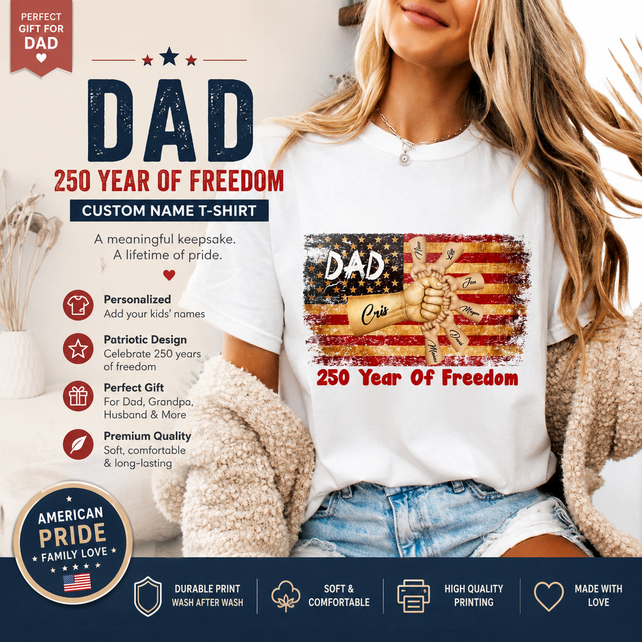 Custom Dad & Kids Fist Bump 250 Years of Freedom T-Shirt – Personalized Family Names Patriotic USA Independence Day Gift