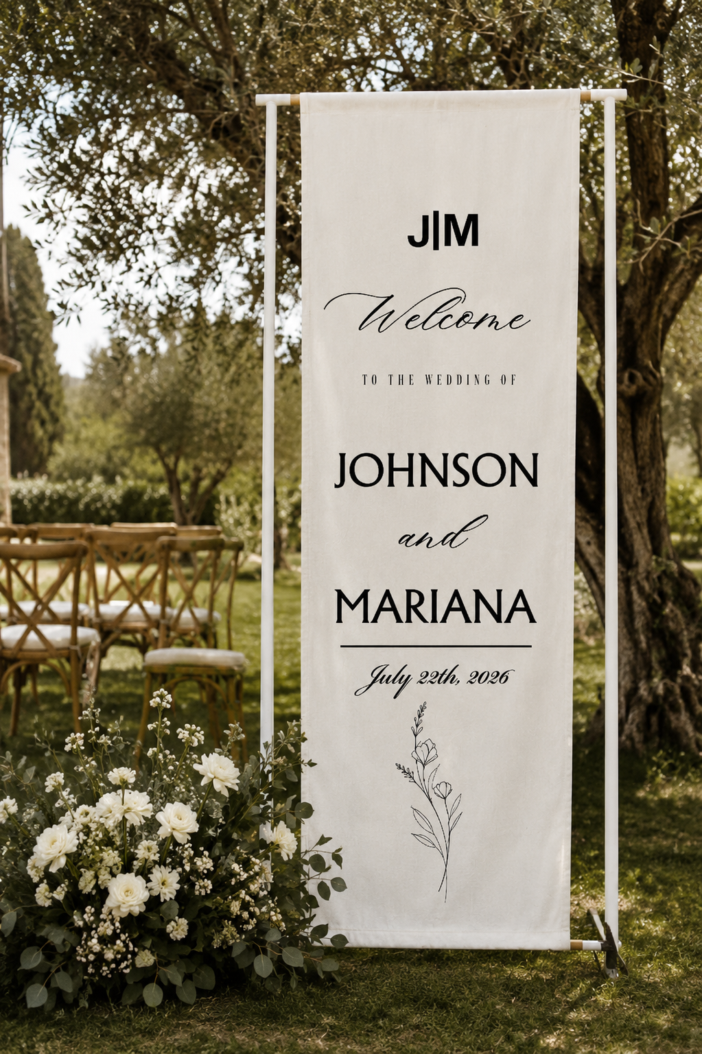 Custom Cotton Linen Wedding Welcome Tapestry with Personalized Names and Elegant Calligraphy Design