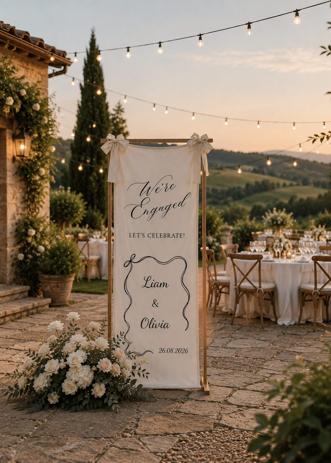 Personalized Cotton Linen Engagement Tapestry – Custom We’re Engaged Celebration Sign with Elegant Script, Wavy Frame and Couple Names