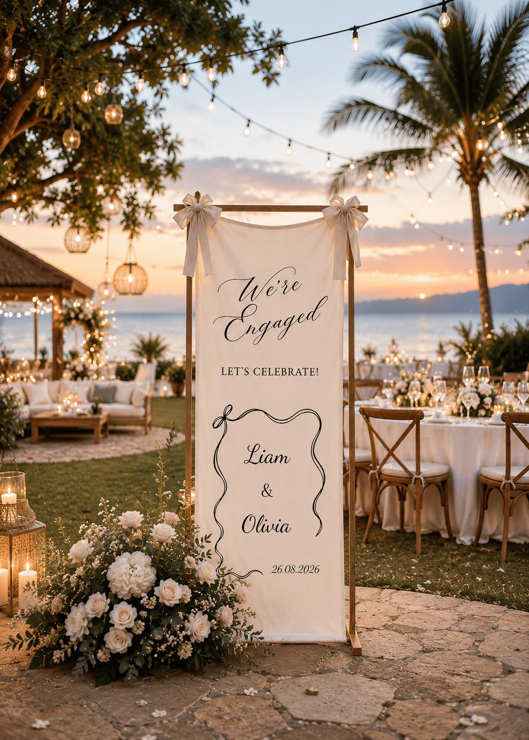 Personalized Cotton Linen Engagement Tapestry – Custom We’re Engaged Celebration Sign with Elegant Script, Wavy Frame and Couple Names