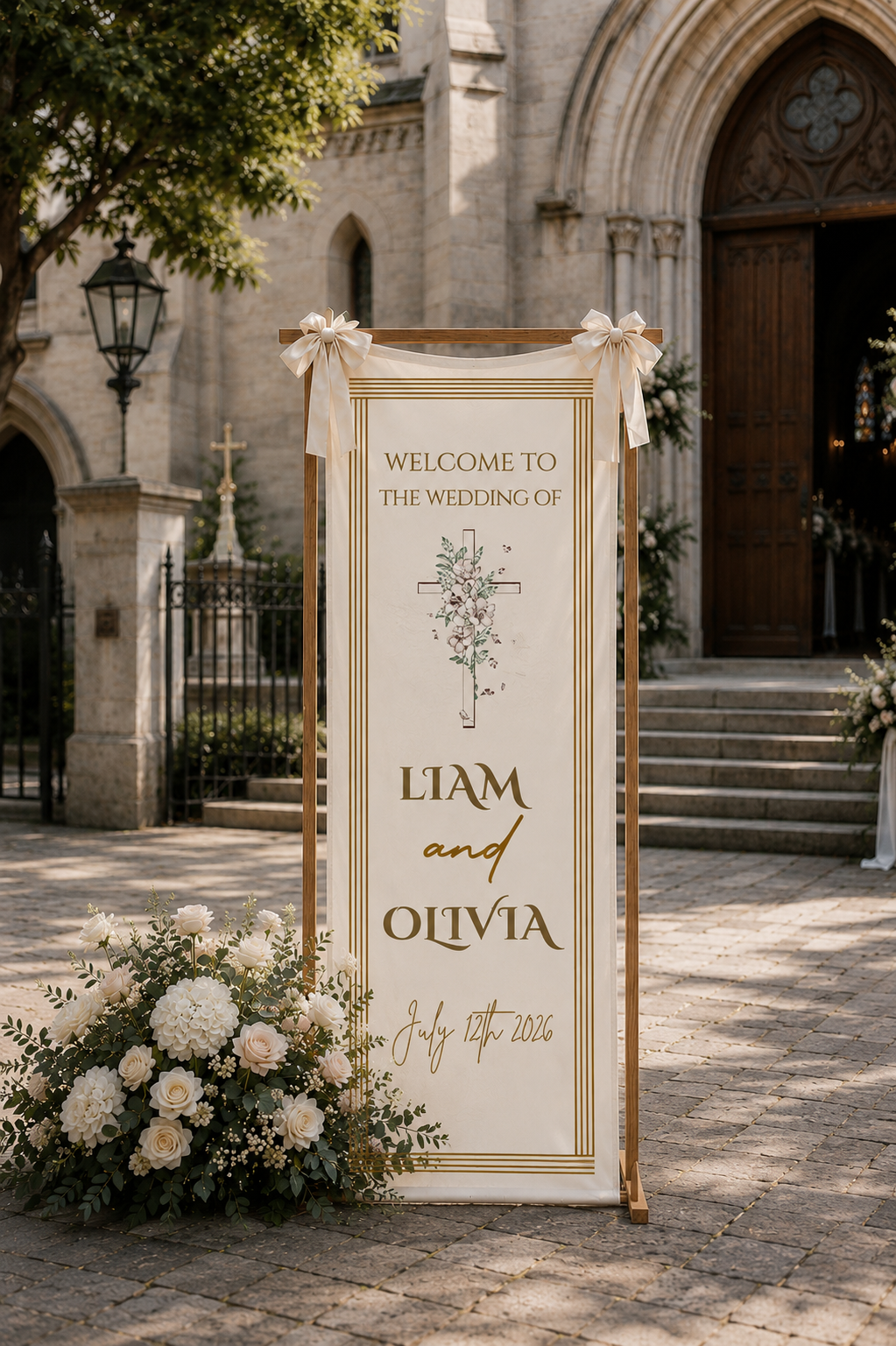 Personalized Cotton Linen Wedding Tapestry – Custom Welcome Sign with Elegant Gold Frame, Botanical Line Art and Couple Names