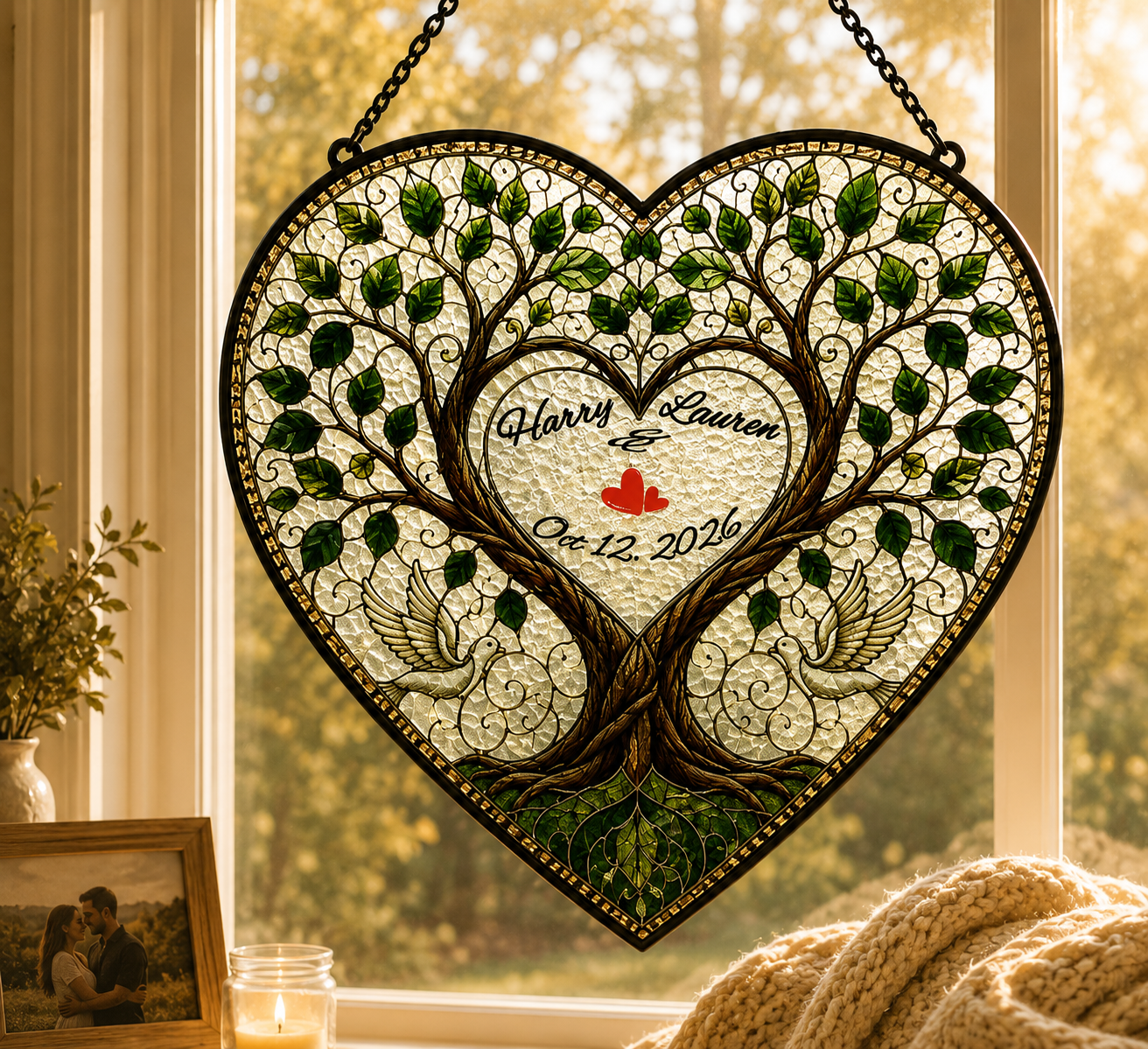 Custom Stained Glass Wedding Tree Suncatcher Gift For Couple