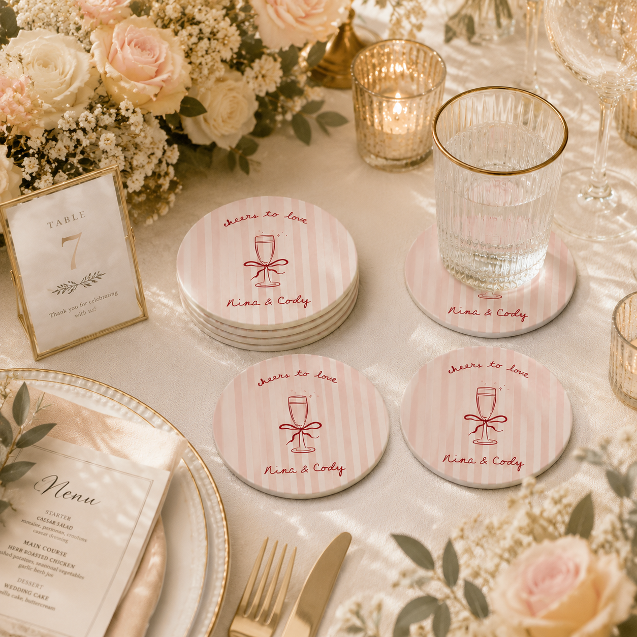 Sip, Celebrate, Cherish – Custom Couple Names Coaster for Wedding & Engagement