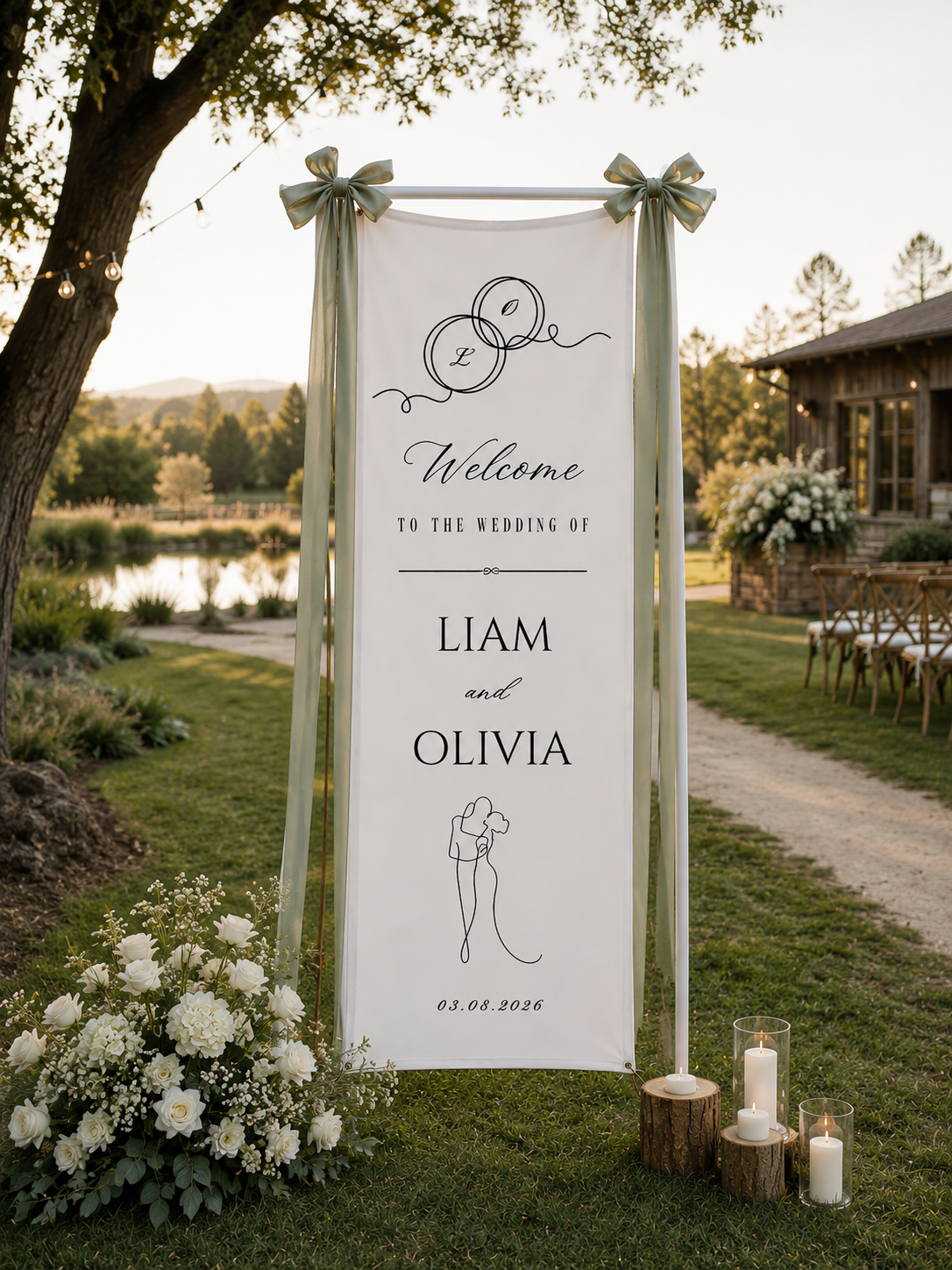 Personalized Cotton Linen Wedding Tapestry – Custom Welcome Sign with Wedding Rings, Couple Line Art and Elegant Calligraphy