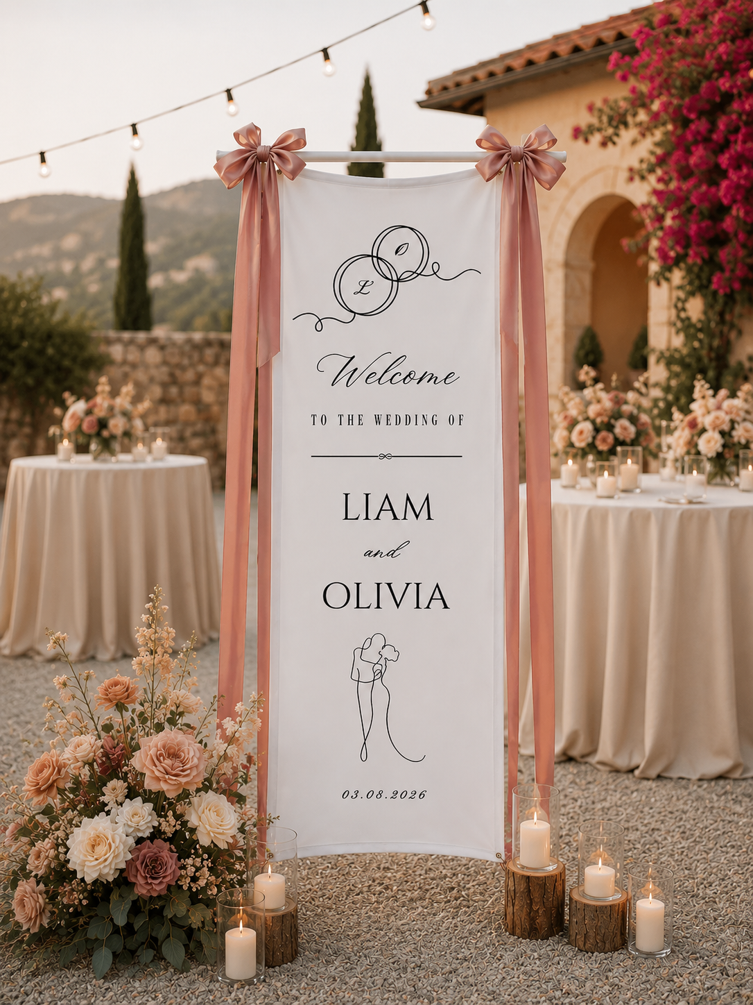 Personalized Cotton Linen Wedding Tapestry – Custom Welcome Sign with Wedding Rings, Couple Line Art and Elegant Calligraphy