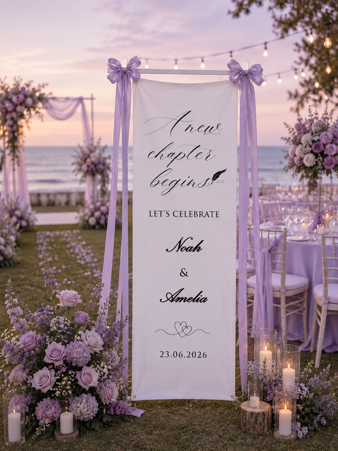 Personalized Cotton Linen Celebration Tapestry – Custom “A New Chapter Begins” Sign with Elegant Script, Couple Names and Heart Line Art