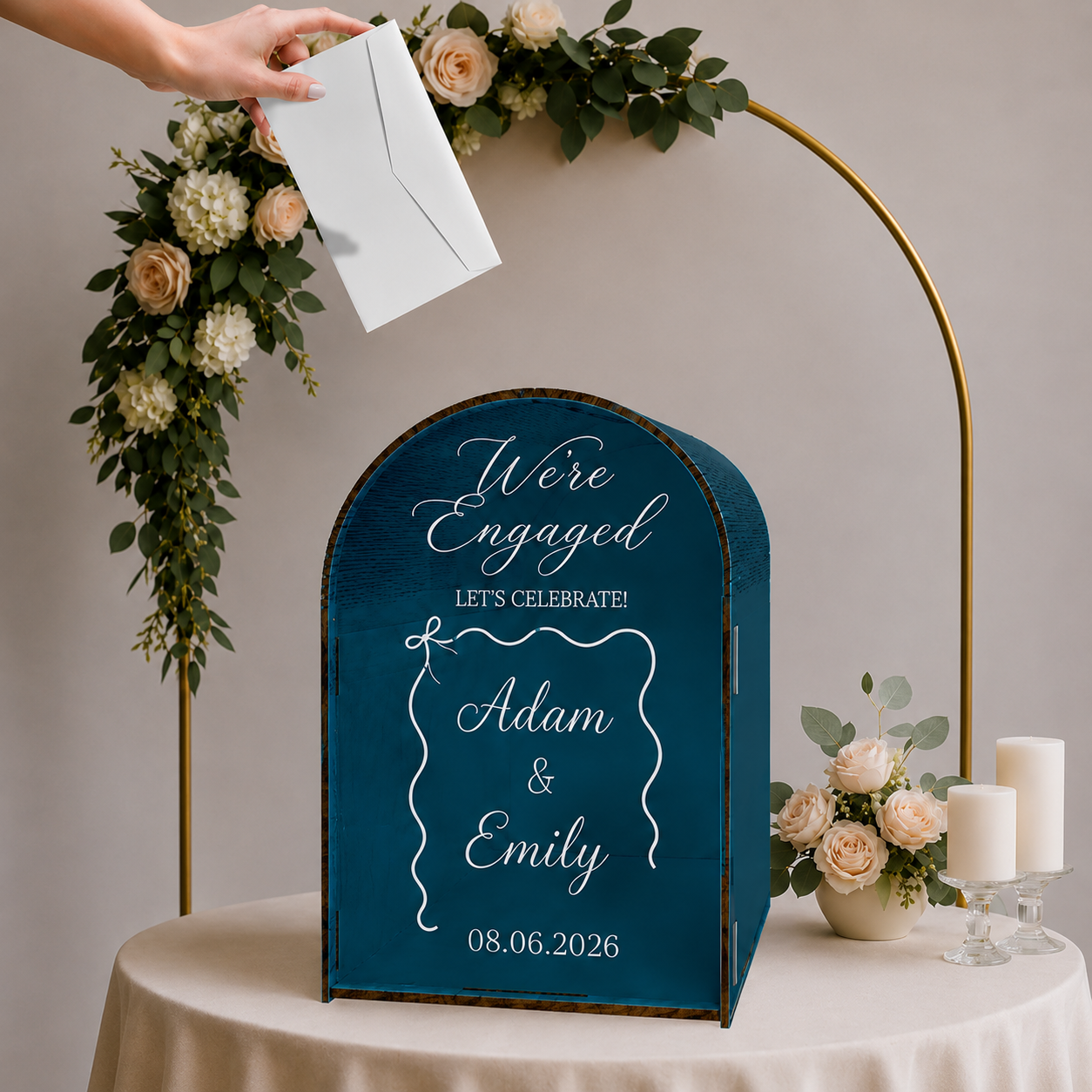 Personalized Engagement Celebration Box – Custom “We’re Engaged” Design with Couple Names, Date and Wavy Frame Accent