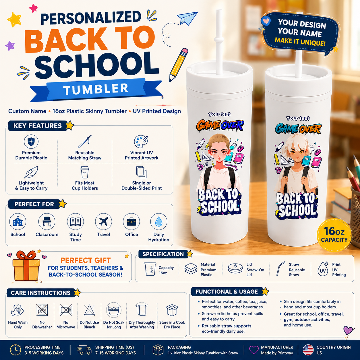 Personalized Game Over Back To School 16oz Plastic Skinny Tumbler with Straw