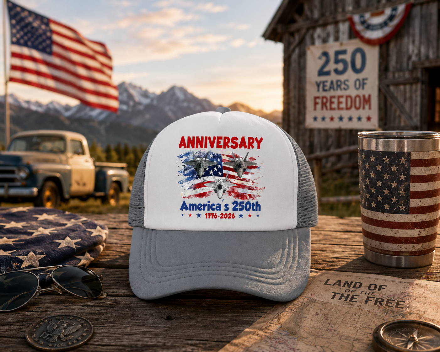 America's 250th Anniversary Trucker Hat 1776-2026 | Patriotic USA Cap with Fighter Jets | Independence Day 2026 Snapback Hat | American Flag Mesh Cap