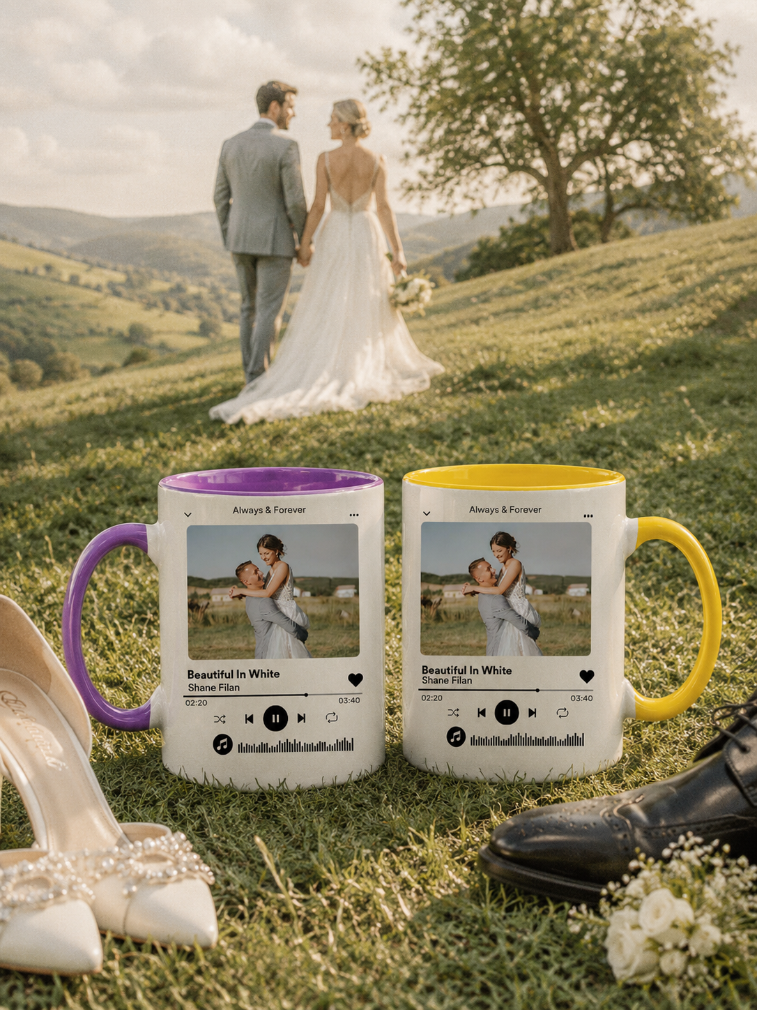 Set Of 2 Personalized Photo Music Plaque Mugs For Wedding Songs