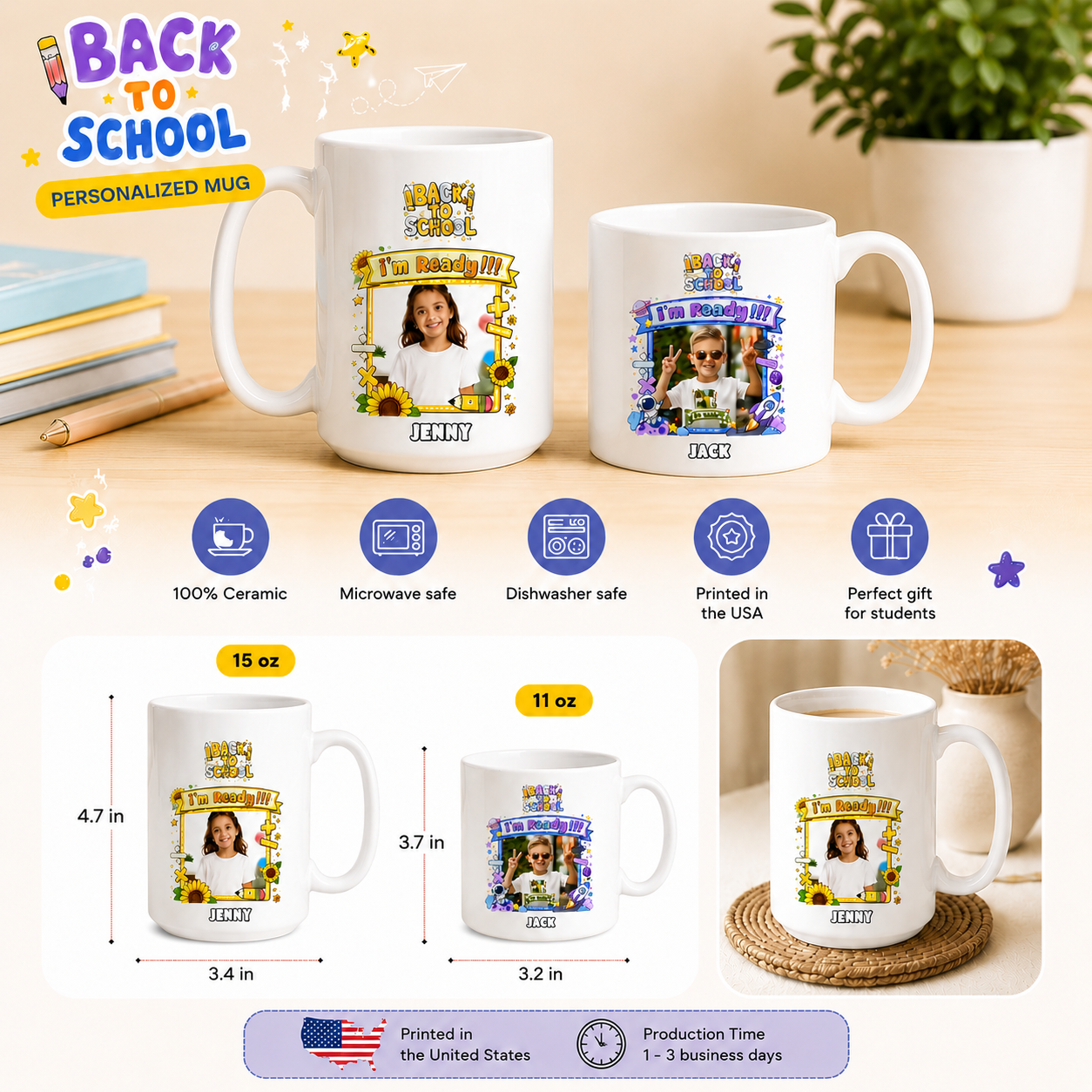 Personalized Back to School Ceramic Mug with Photo & Name | Custom Teacher & Student Gift | 11oz / 15oz Coffee Mug