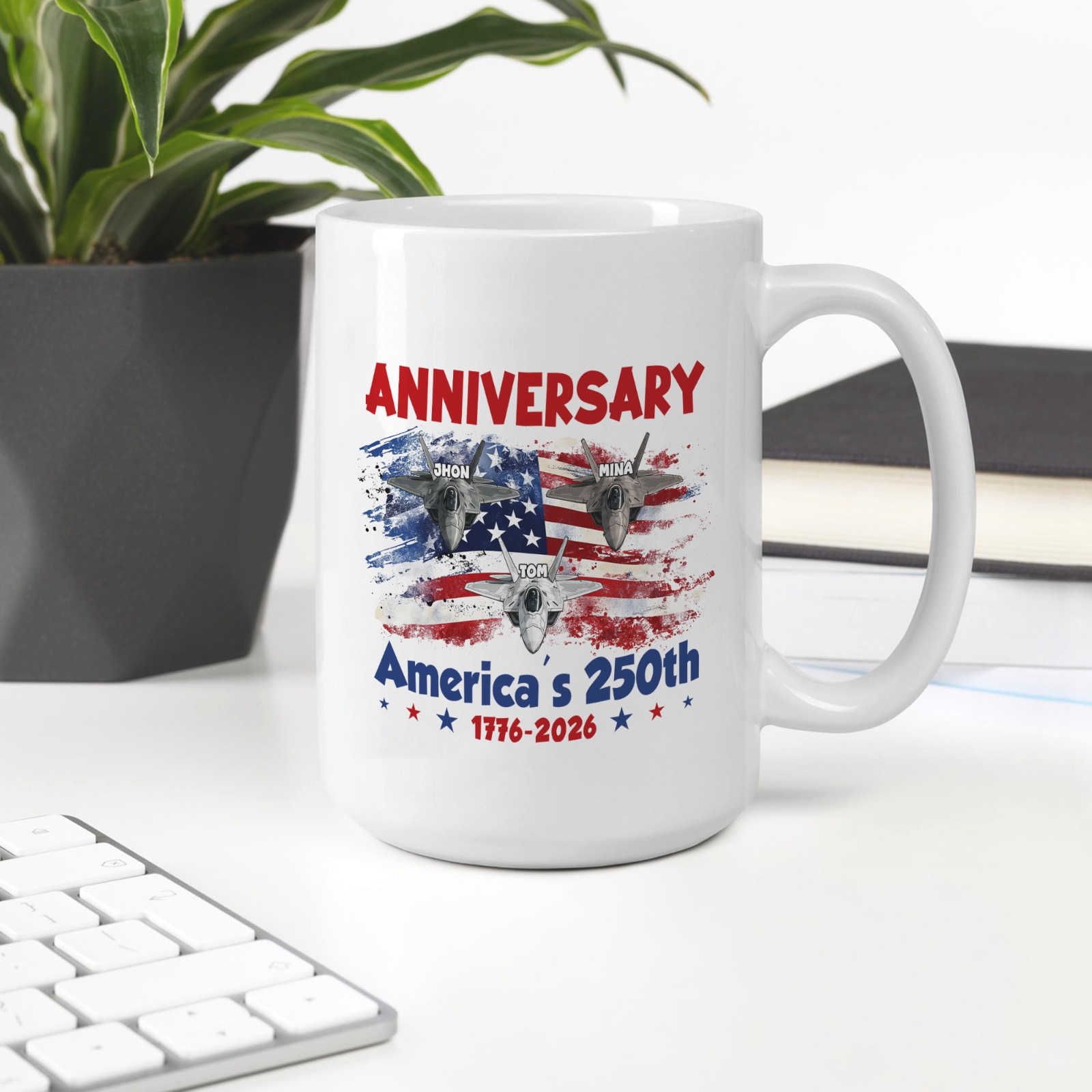 Personalized America's 250th Anniversary Fighter Jet Mug Custom Names Patriotic Independence Day Gift 1776–2026